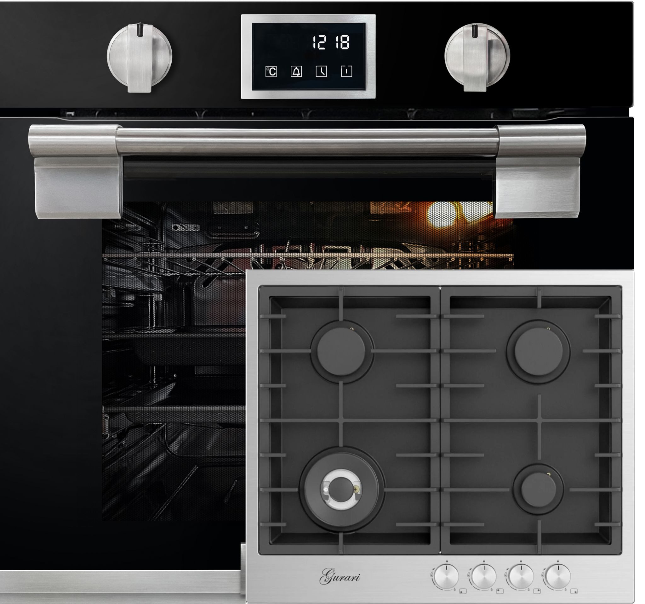 Backofen-Set herd Set Autark Einbau Backofen 79L, SOFTCLOSE-System, 11 Fkt. Temperatursonde, 60cm+Gas-Kochfeld 60 cm, Edelstahl - Schwarz 4,0 KW WOK EH 6338 s+GCH TX 604 VTGL
