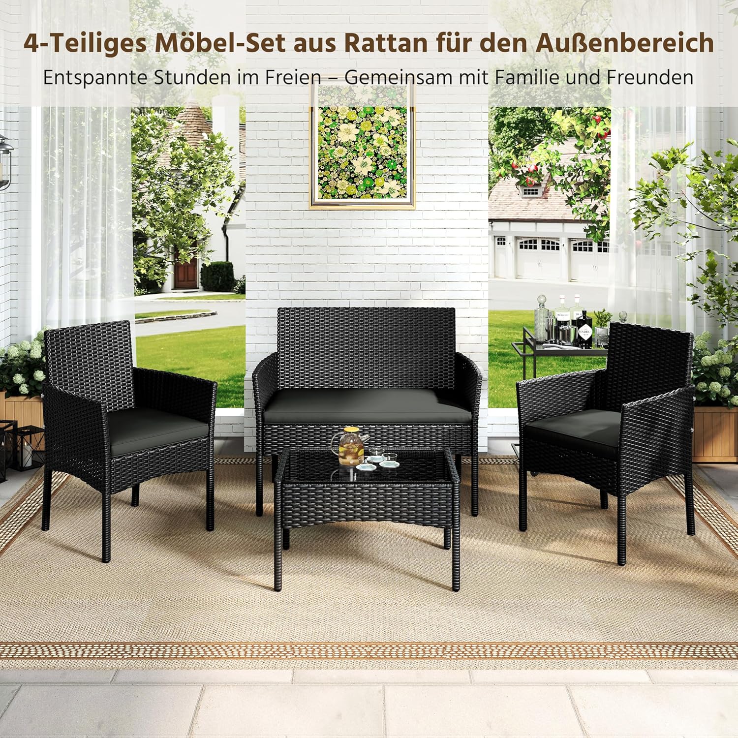 Yaheetech 4-er Gartenmöbel Set Balkonmöbel Set aus Polyrattan Terassenmöbel Außen mit 2er Sofa, 2 Stühle, Tisch & Sitzkissen für Terrasse/Balkon/Garten, Schwarz & Grau