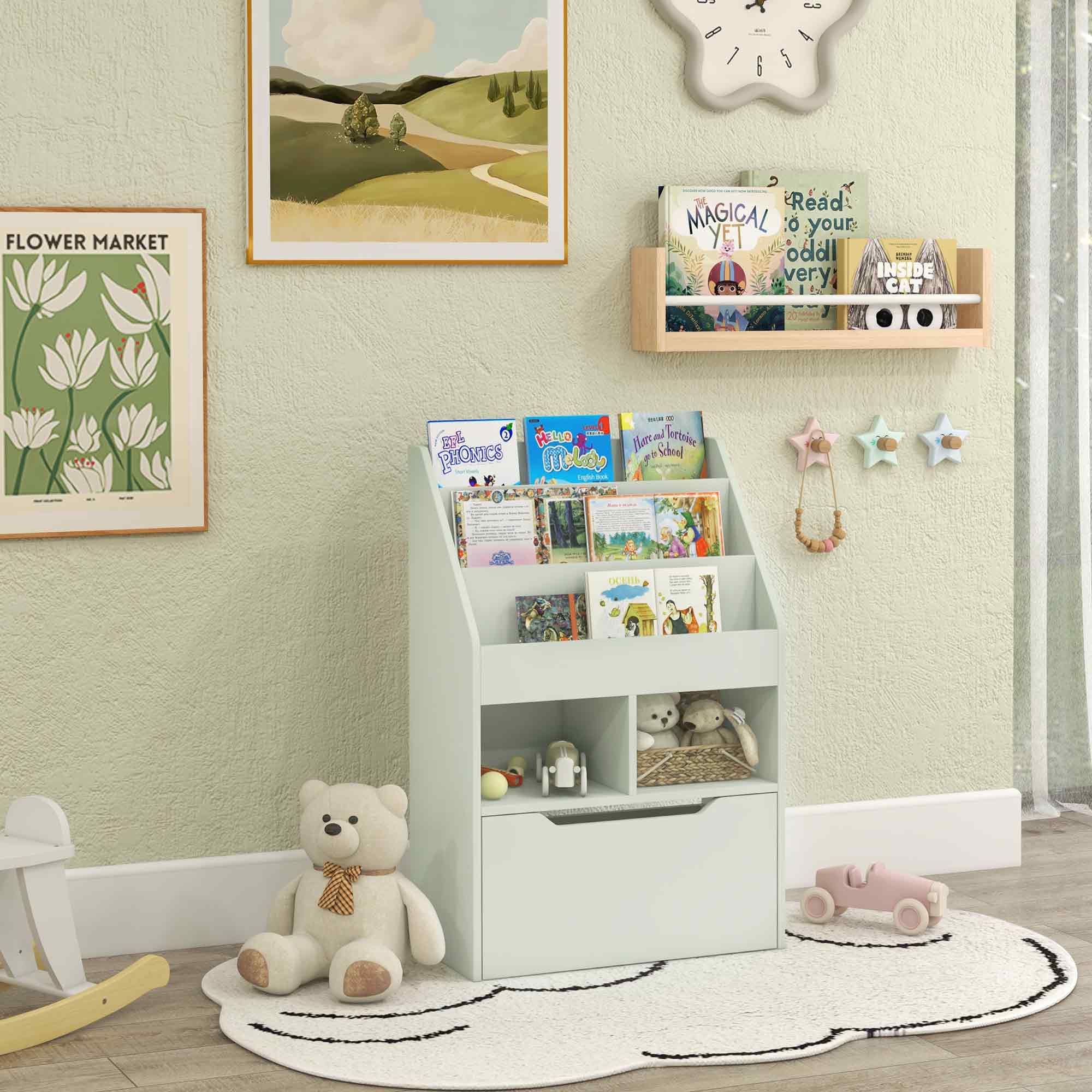 HOMCOM Bücherregal Regal Mehrzweck 3 Regale 2 Fächer Große Schublade in Hellgrün aus Holz