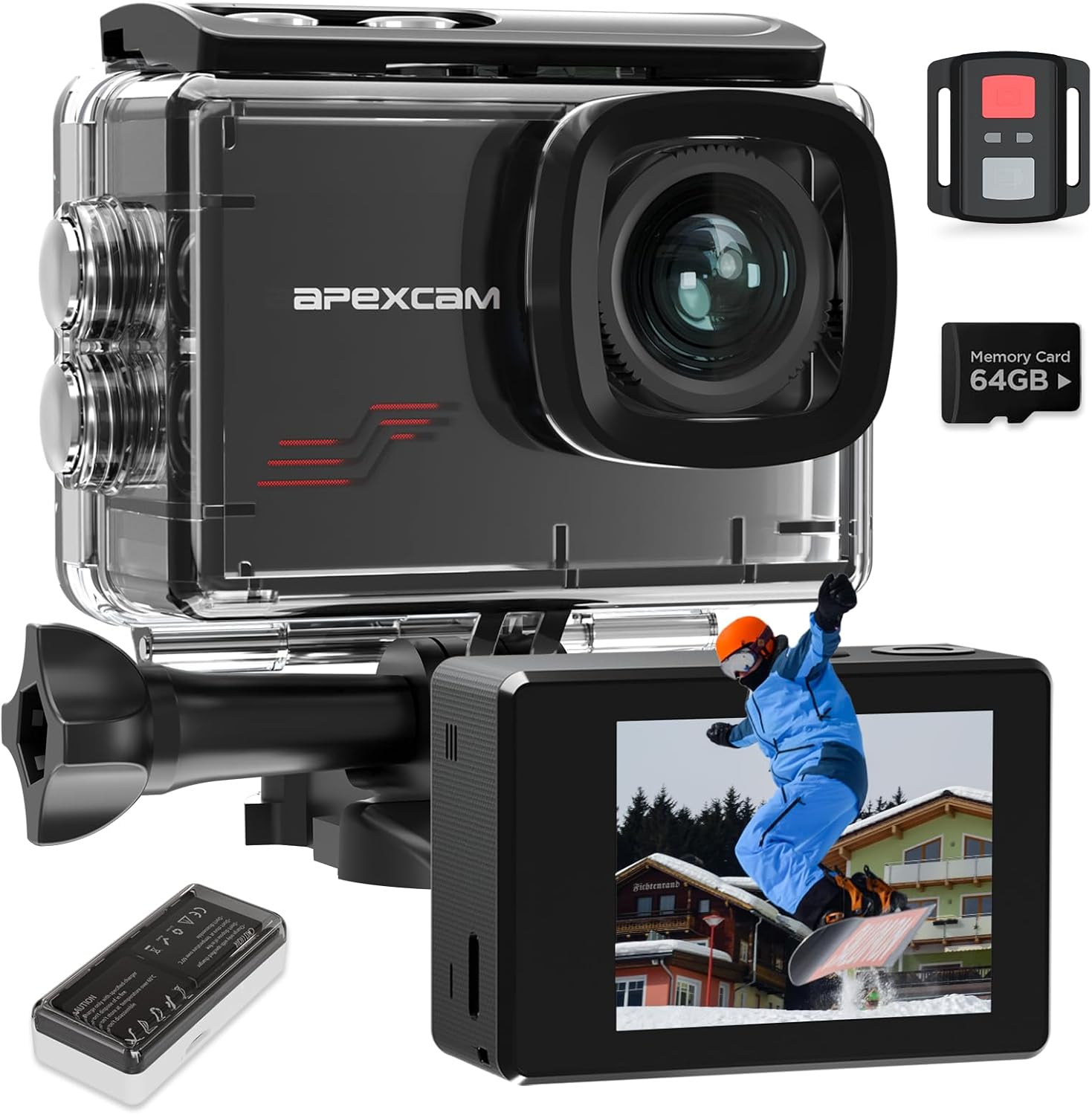Apexcam Nuova M80PRO Action Cam 4K 64MP EIS Touch Screen Con 64GB Scheda Fotocamera Sportiva Impermeabile Fotocamera Subacquea 40M 8X Zoom e 2 * 1350 Batterie Kit Accessori