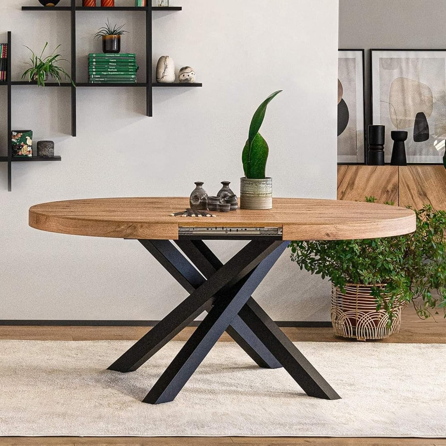 MOBILI FIVER, Runder ausziehbarer Tisch Emma, 120-160 cm, Rustikale Eiche mit gekreuzten Schwarzen Beinen, Made In Italy