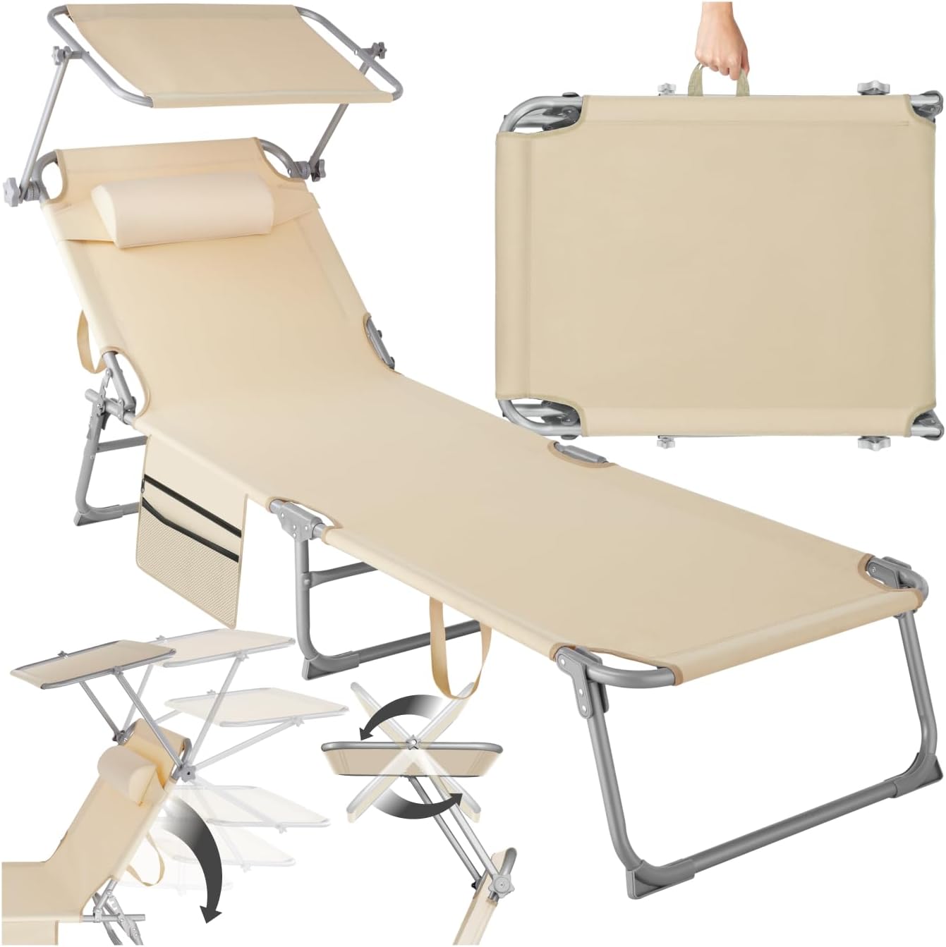 TecTake? Set di 2 Sdraio, Pieghevole, 4 Posizioni, Cuscino Poggiatesta, Idrorepellente, da Giardino, Lettino Prendisole, Arredo Giardino, Terrazzo, Sdraia da Balcone, Piscina e Spiaggia - Beige