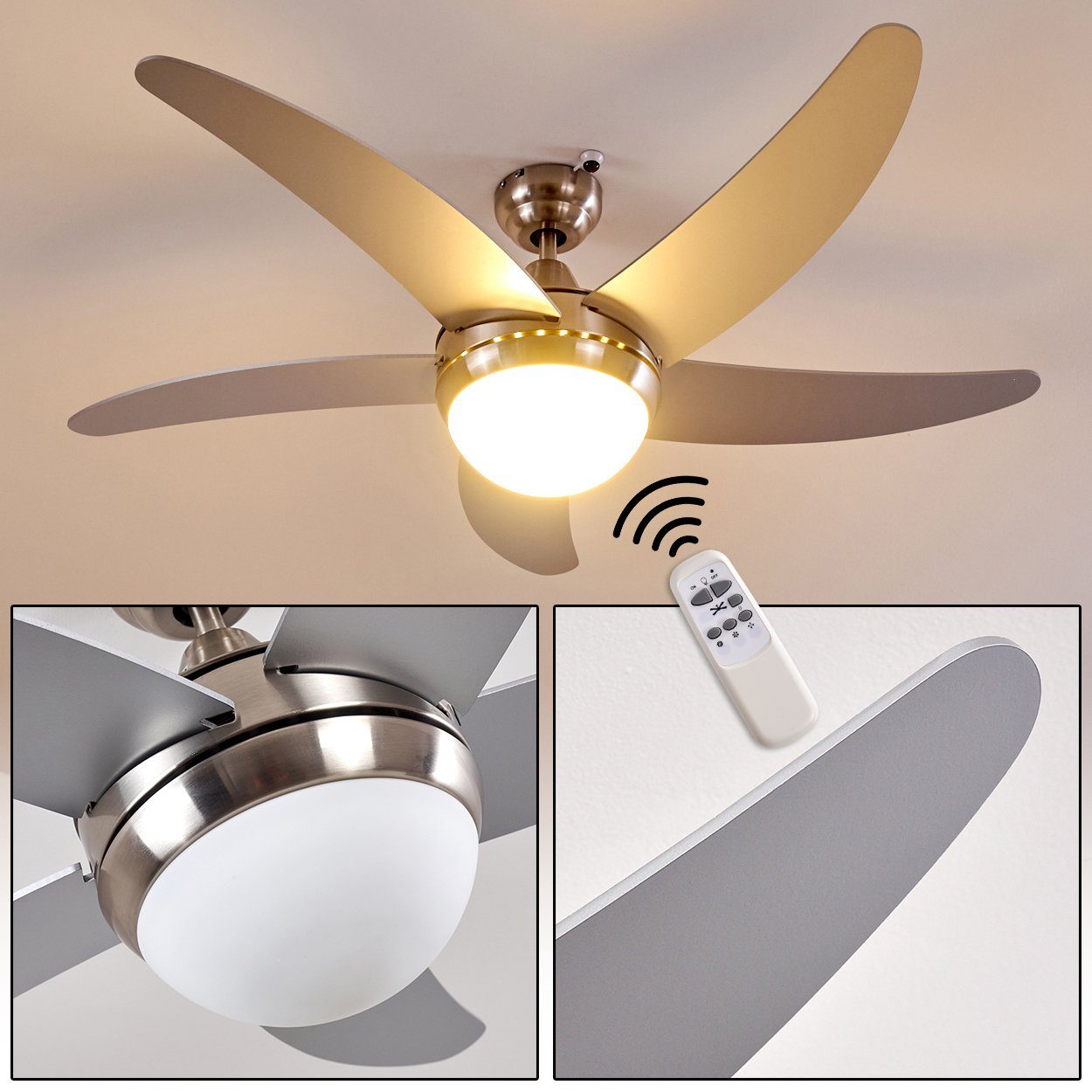 Deckenventilator »Quarto« Deckenventilator aus Metall/Holz/Glas in Nickel-matt/Silber