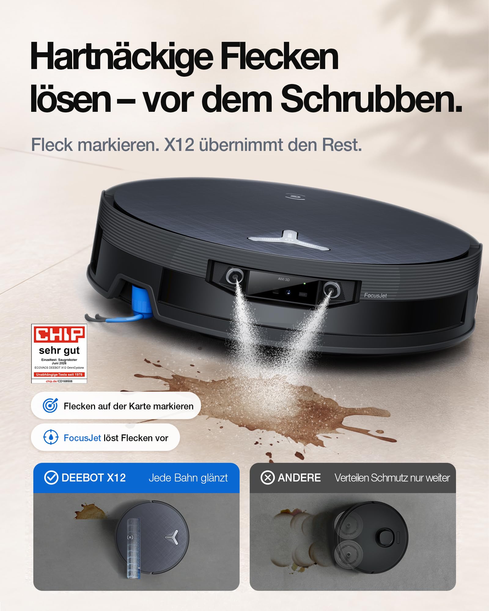 Saugroboter mit Wischfunktion X12 OmniCyclone, 22.000 Pa Saugkraft und OZMO ROLLER 3.0 Wischsystem