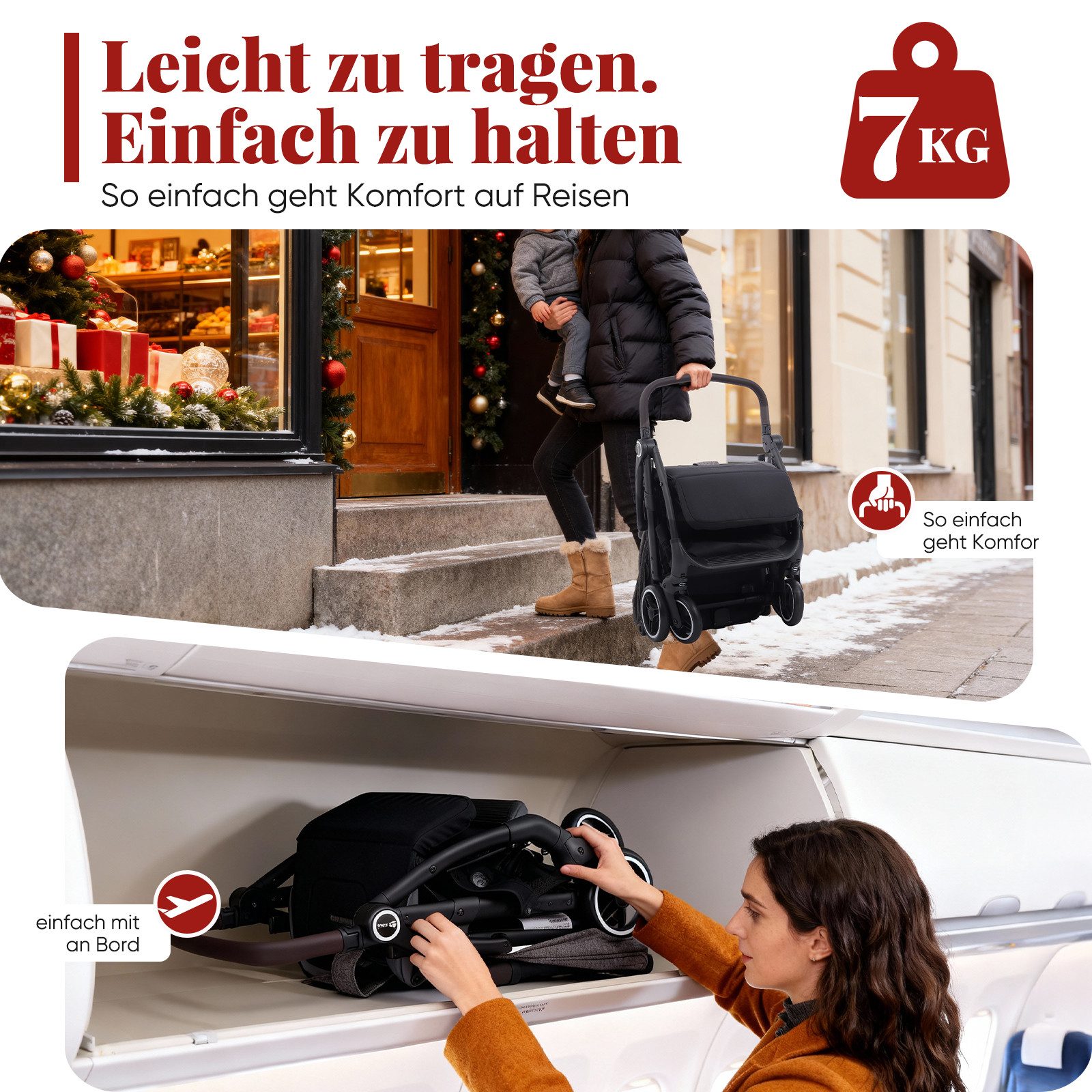 Kinder-Buggy mit Regenschutz, 3-fach verstellbar Reise Kinderwagen für Flugzeug