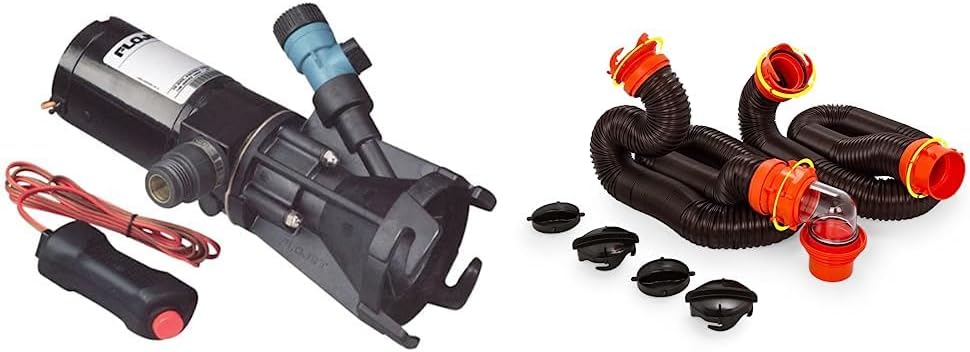 Flojet 12V Portable RV Macerator Waste Pump Kit, Self Priming, Black, Plastic, Includes Garden Hose Discharge Port