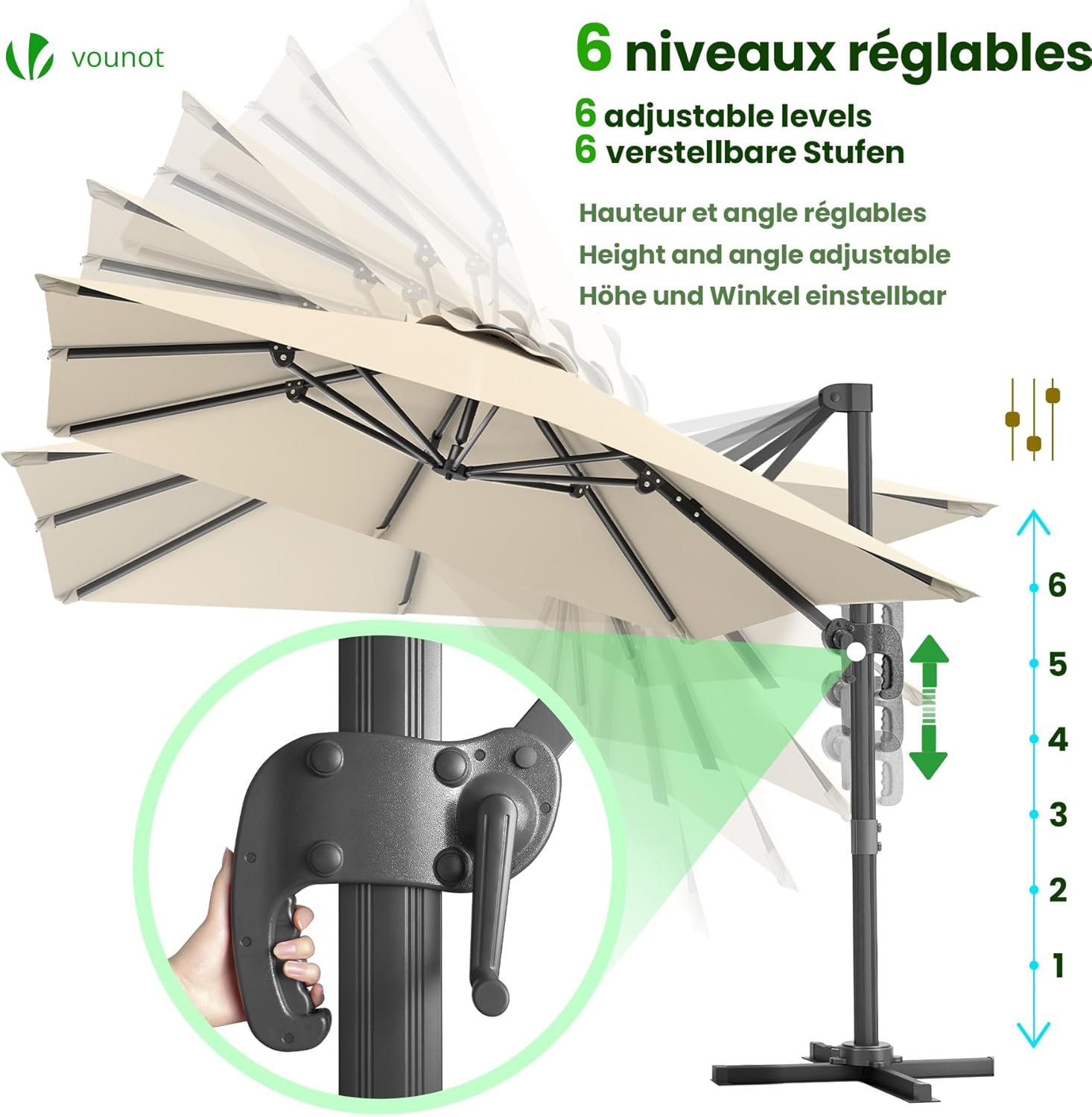 VOUNOT® Ombrellone Decentrato da Giardino 3x3M, Inclinabile a 6 Posizioni, Rotazione a 360°, Telo Impermeabile Anti-UV in Poliestere con 8 Stecche, per Esterno, Terrazzo e Piscina, Beige Scuro