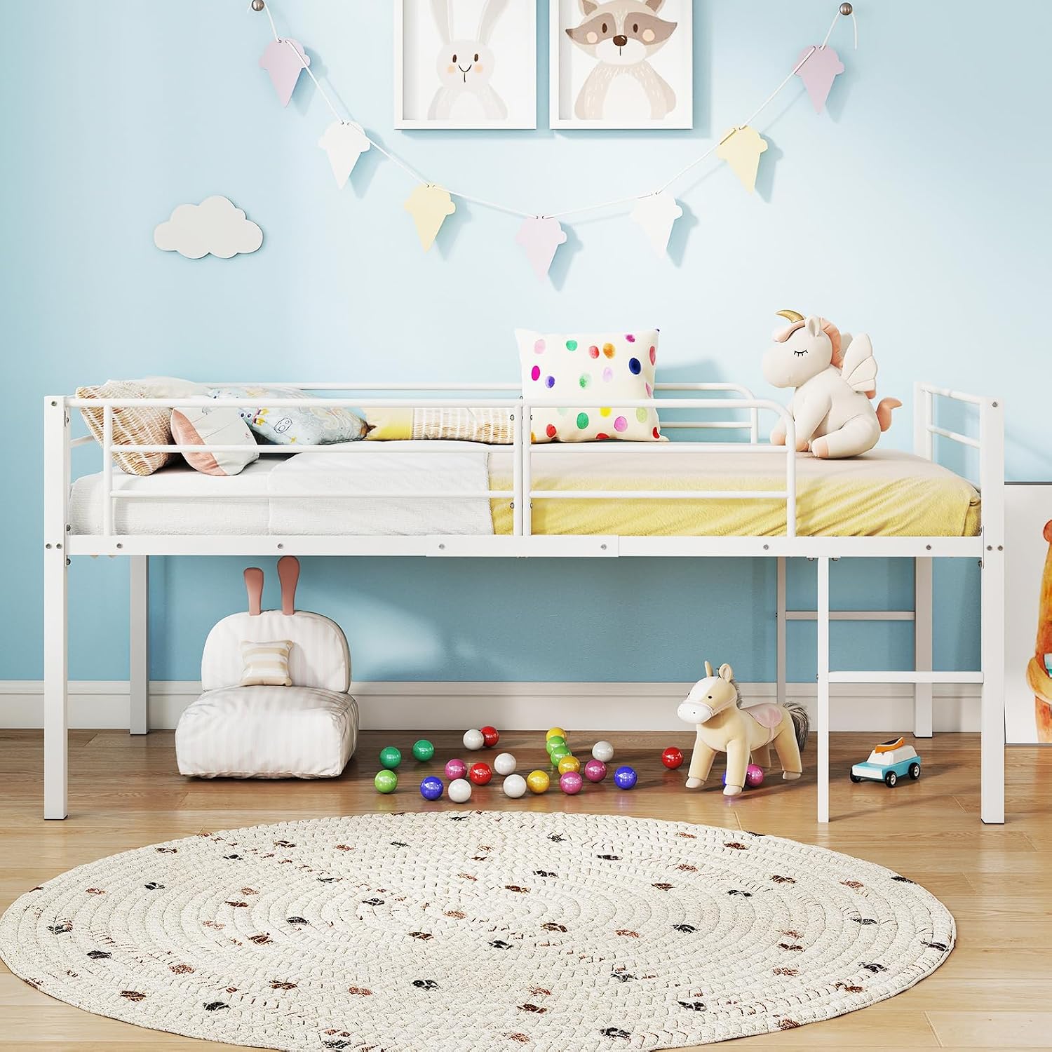 COSTWAY Hochbett 90x200 cm, Kinderhochbett platzsparend mit Stauraum unter dem Bett, Kinderbett mit Sicherheitsgeländern & 2 Leitern