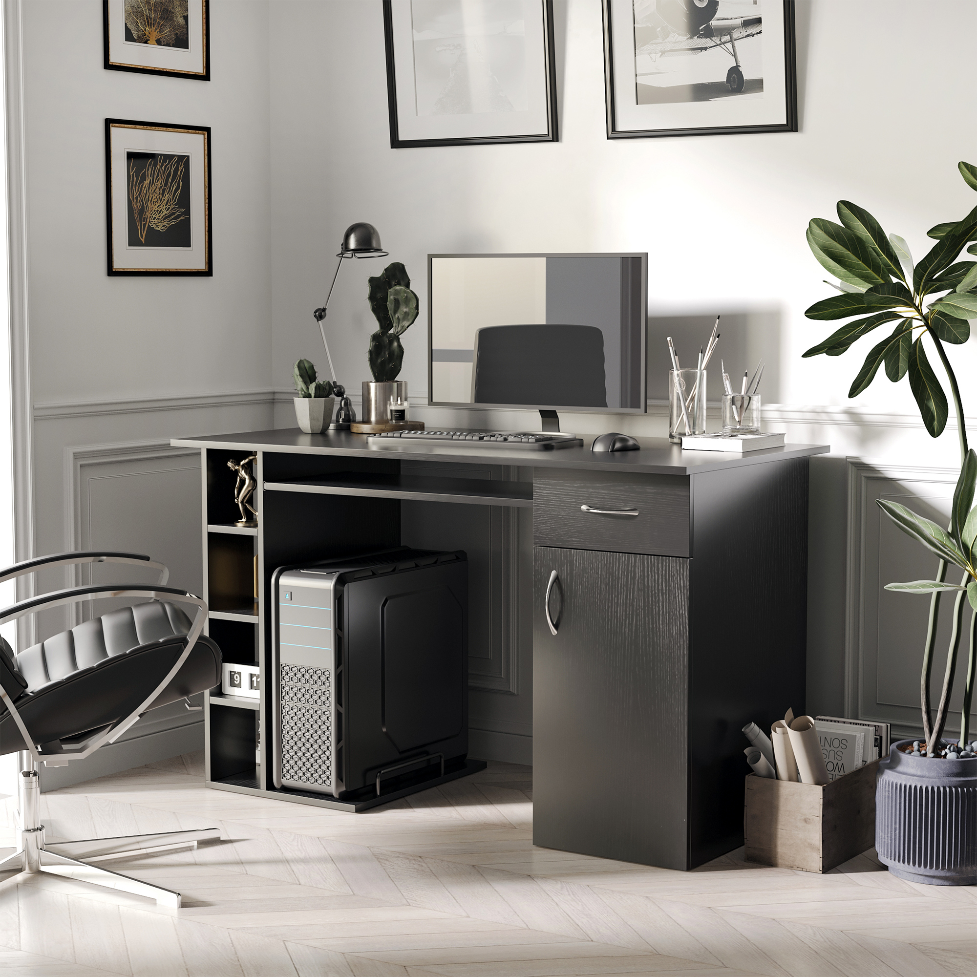 HOMCOM Computertisch Multifunktionaler Schreibtisch mit Regalen, Schublade, Tastaturablage aus MDF 120 x 60 x 74 cm - Schwarz