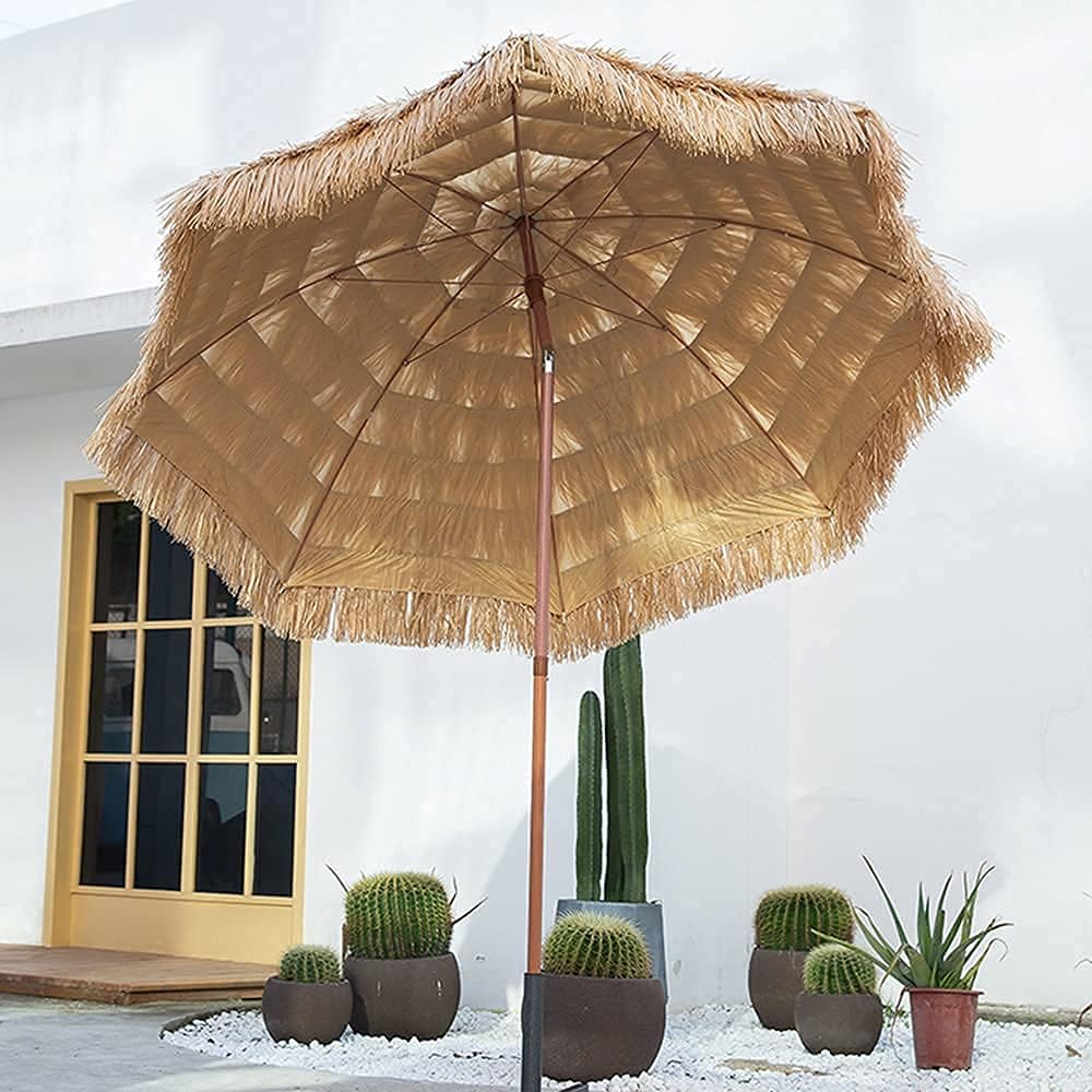 Garten Parasols Hawaii Stroh Parasole, Regenschirme für den Außenpool, faltende Stroh -Terrassen -Regenschirm, 2 m/7,4 Fuß runden Garten Parasol Café Housewares Windproof Portable Outdoor Parasols