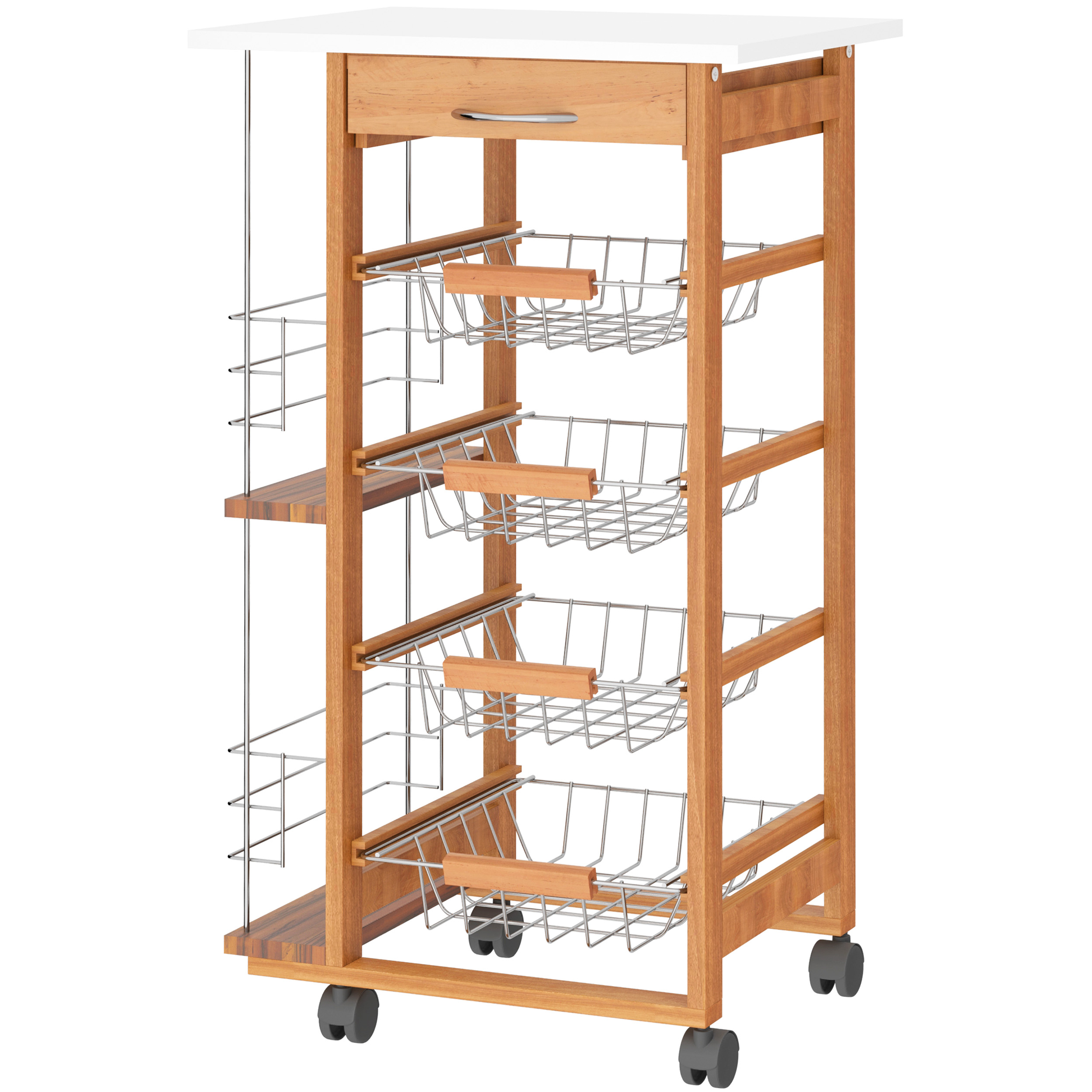 HOMCOM Küchenwagen in Braun aus Holz mit 1 Schublade und 4 Metallkörben