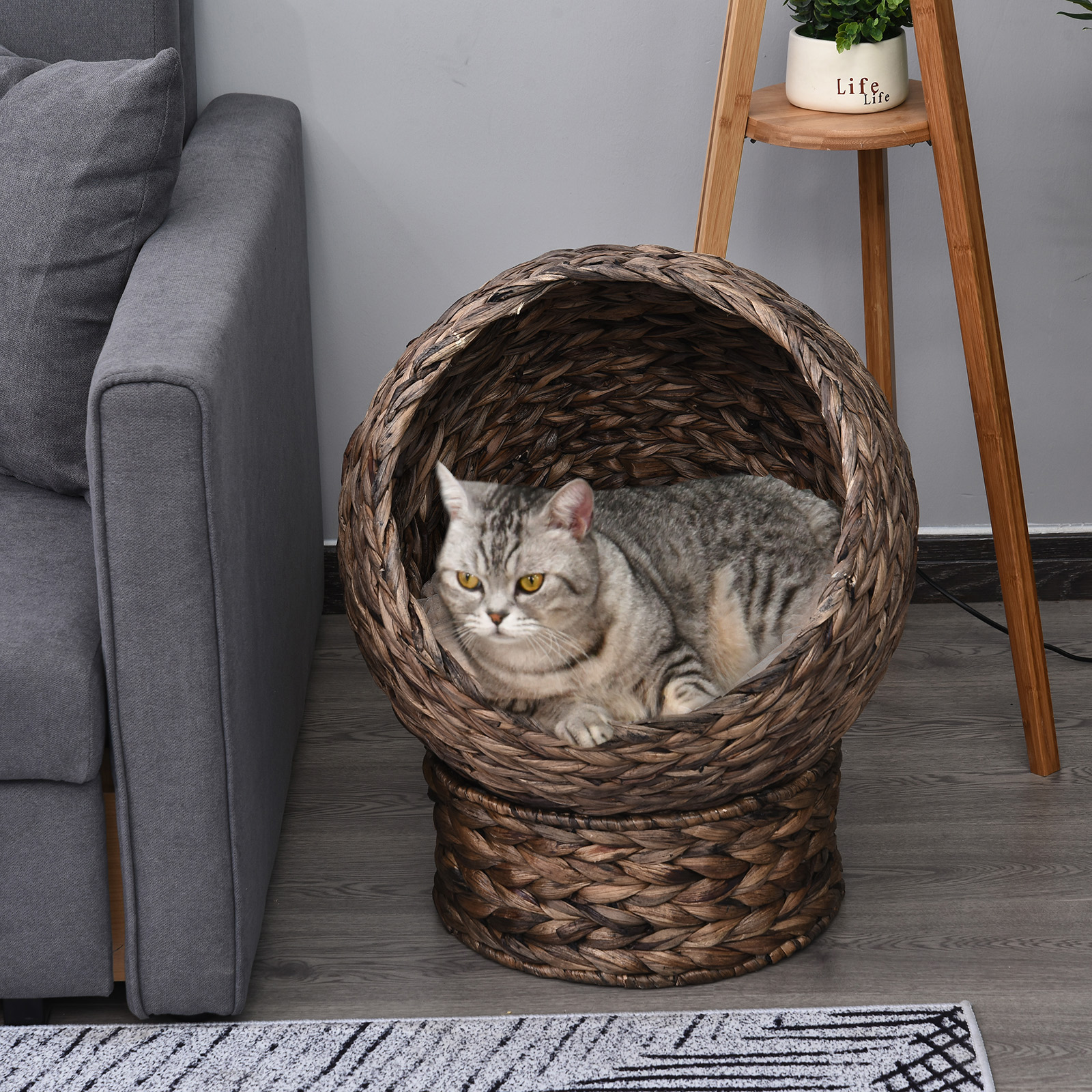 PawHut Katzenkorb aus Wasserhyazinthe inkl. Kissen, Katzenbett, Haustierbett,50 cm x 42 cm x 60 cm, Braun + Beige