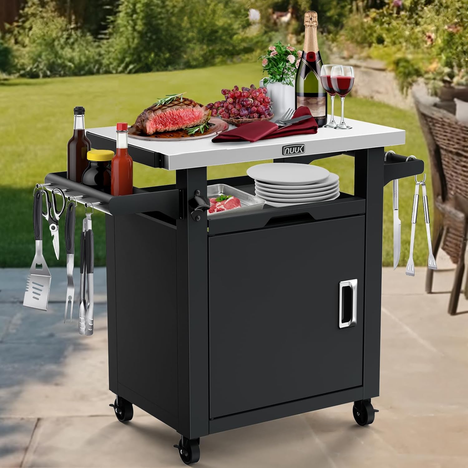 NUUK Grill Table with Storage Cabinet  Outdoor Bar Cart Pizza Oven Table with Wheels  Stainless Steel Top Kitchen Island 20