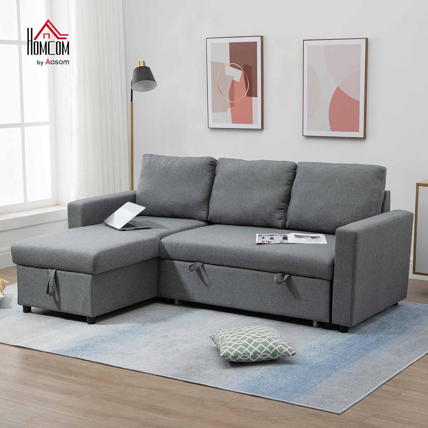 HOMCOM Divano Letto 3 Posti e Penisola con Vano Contenitore, Divano in Tessuto Effetto Lino con Cuscini Sfoderabili, Grigio Chiaro