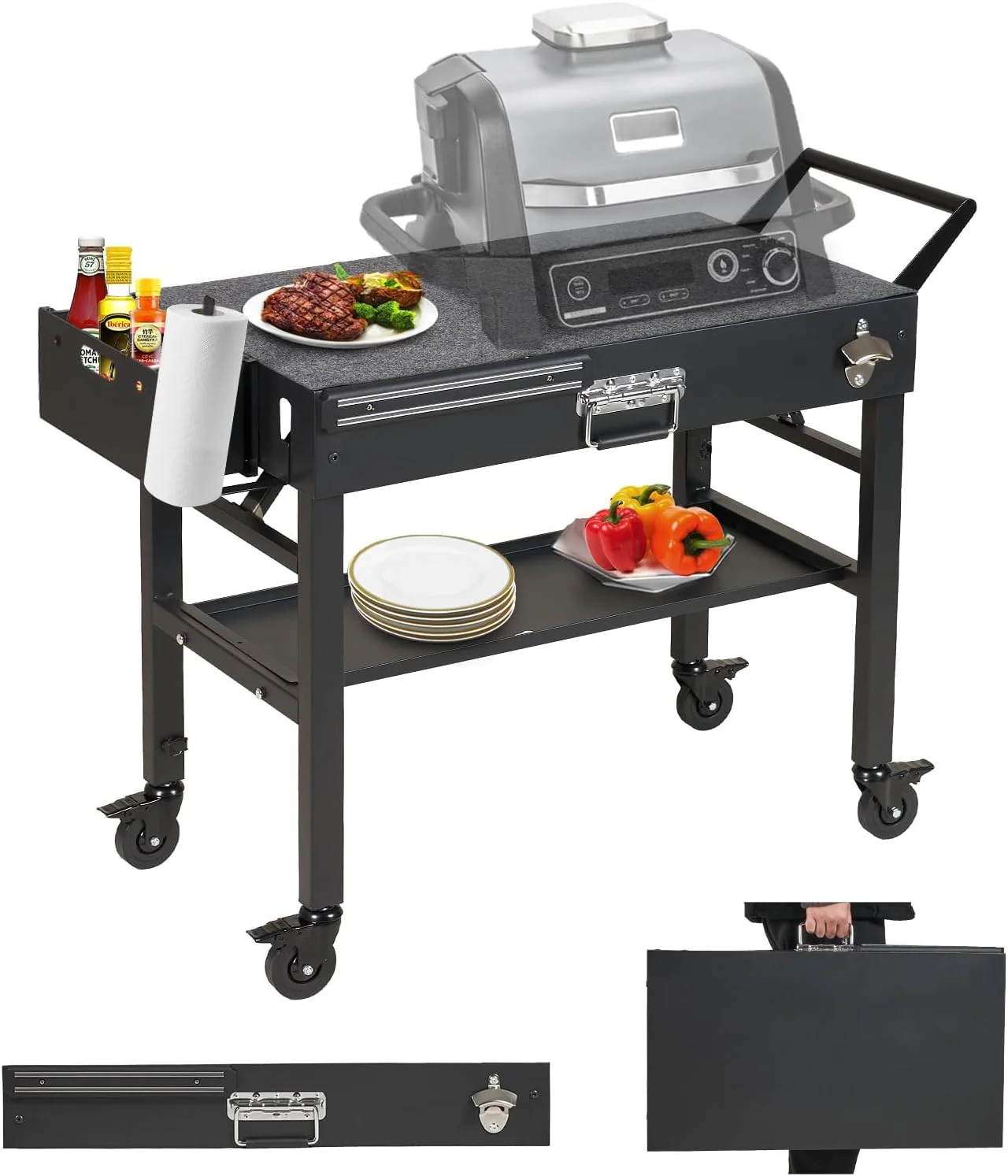 "Portable Stainless Steel Folding Grill Table with Wheels, 31"x 17" Large Space Grill Stand"