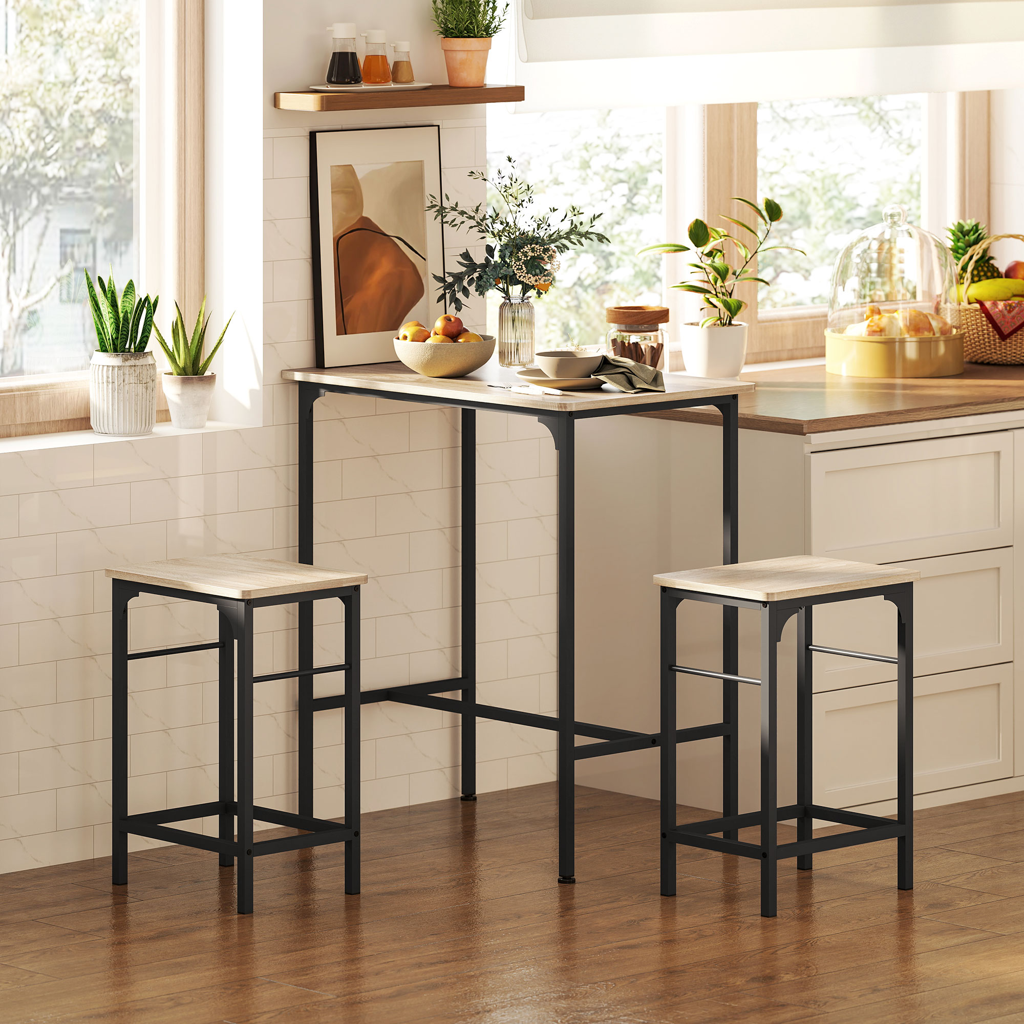 HOMCOM Bartisch Set Bartisch mit Barhocker-Set Esstisch mit 2 Stühlen mit Rutschfestem Fußpolster Naturholz