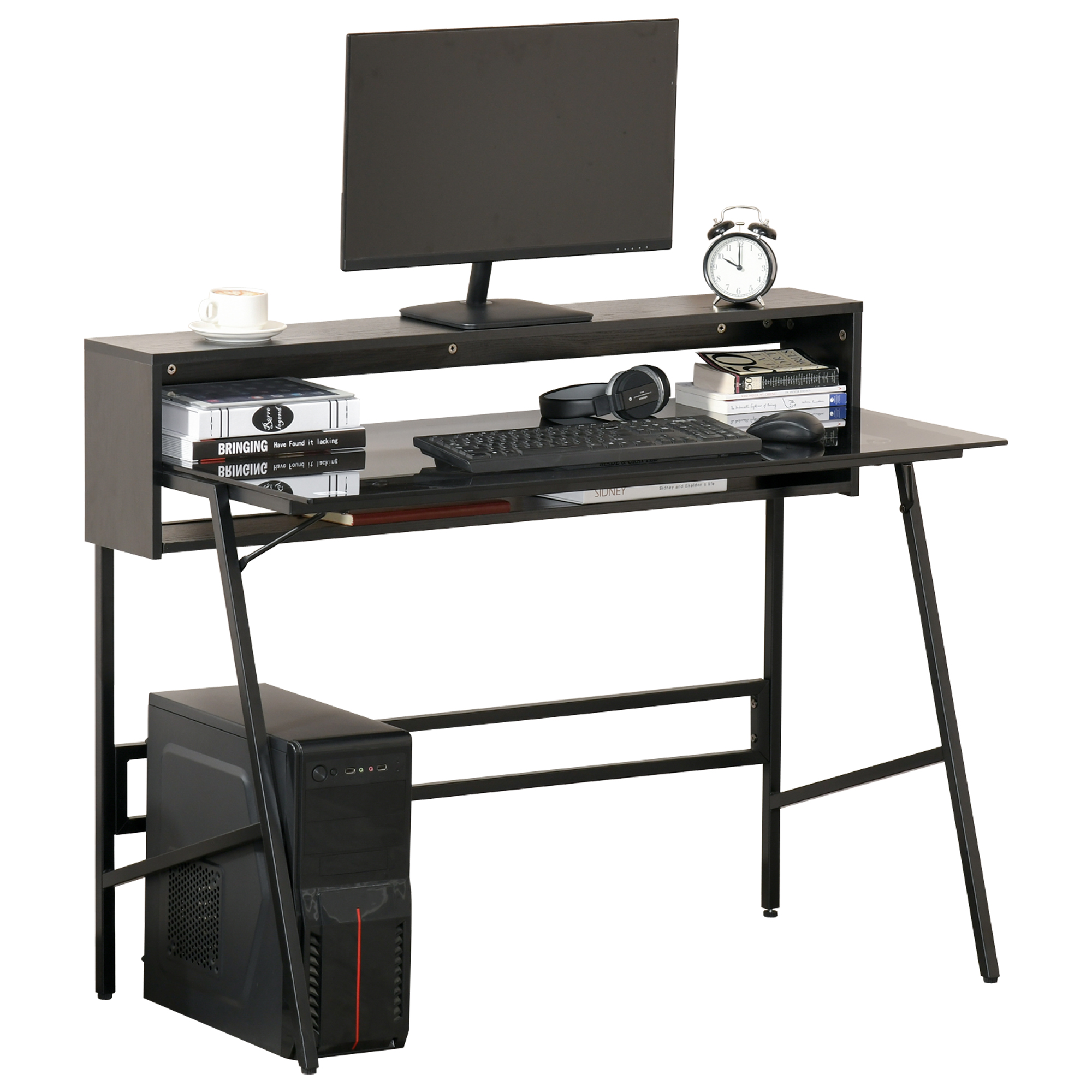 HOMCOM Computertisch im Industrie-Design, 2 Ablagen, Schreibtisch mit Tischplatte aus Glas, Glastisch, Grau + Schwarz