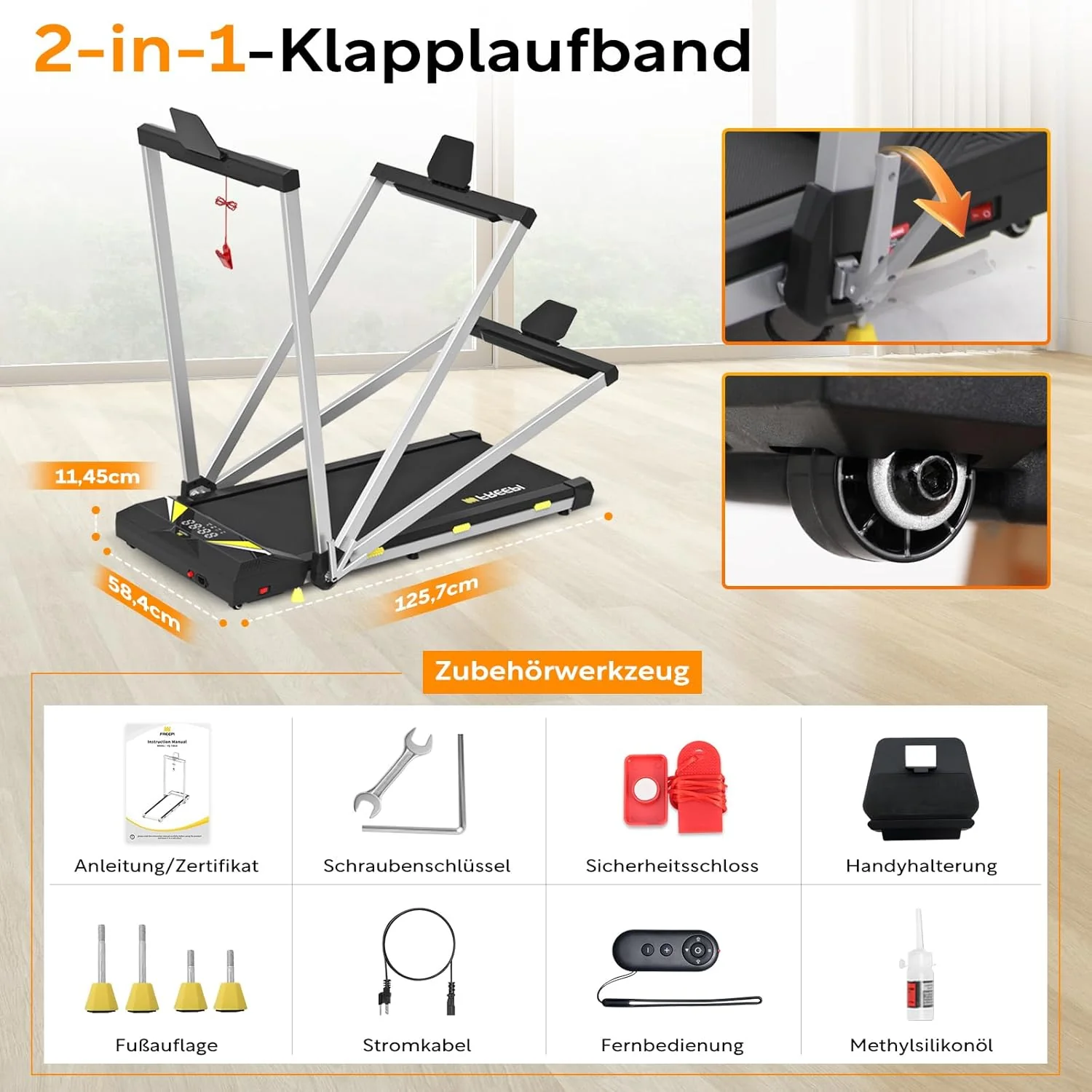 Freepi 4-in-1 Loopband voor Thuis met Helling 1-6 km/u 2.5 pk Motor met Afstandsbediening, Loopband Pad Bureaufiets Draagbaar Thuisfitnessapparaat