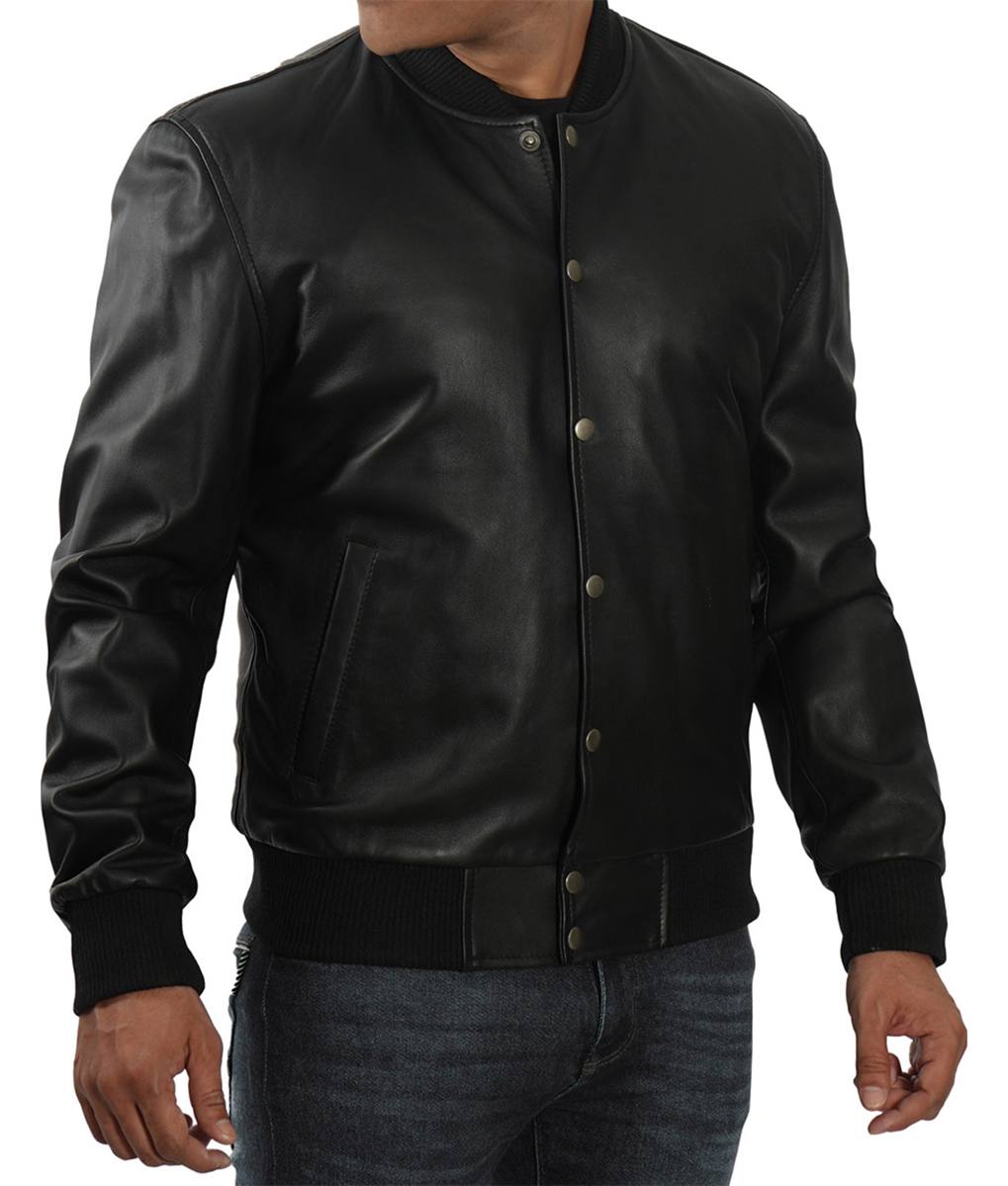 Men Black Leather Bomber Jacket