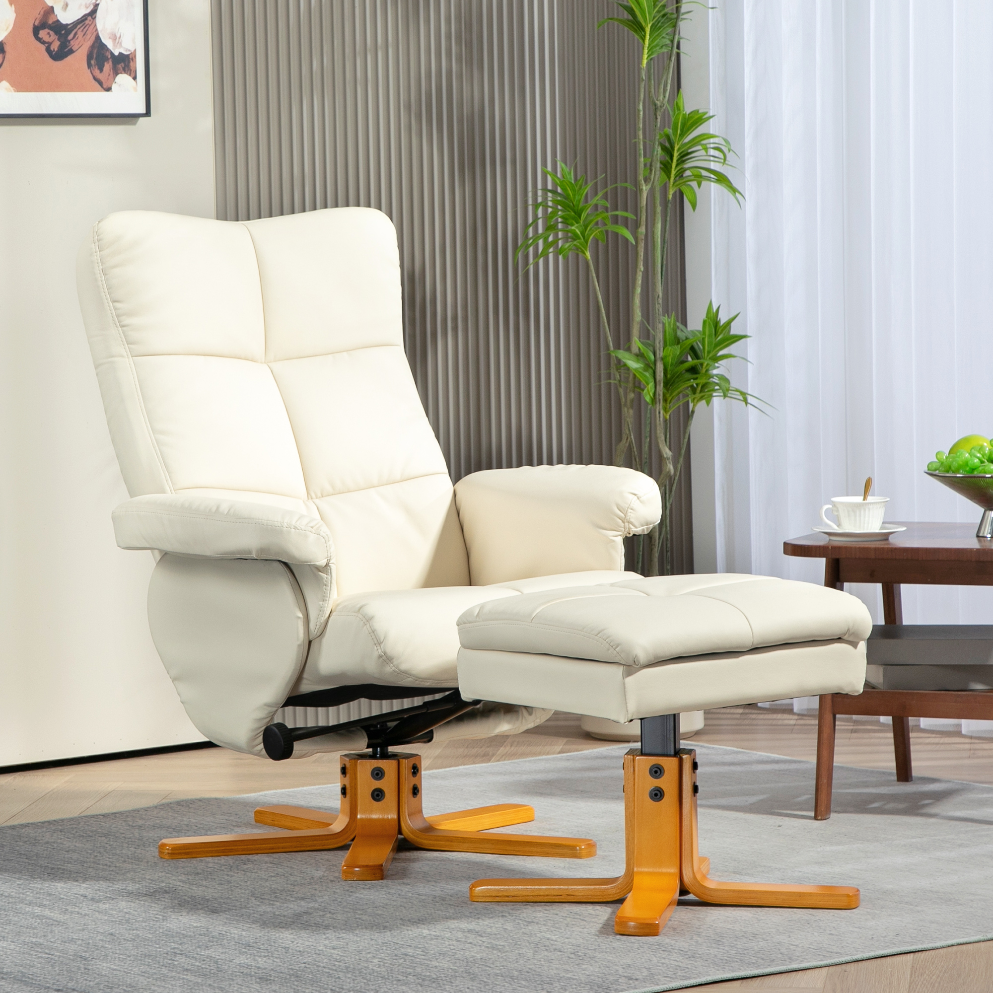 HOMCOM Relaxsessel mit Hocker, 145° neigbare Rückenlehne, 360° drehbar, Kunstleder, Cremeweiß