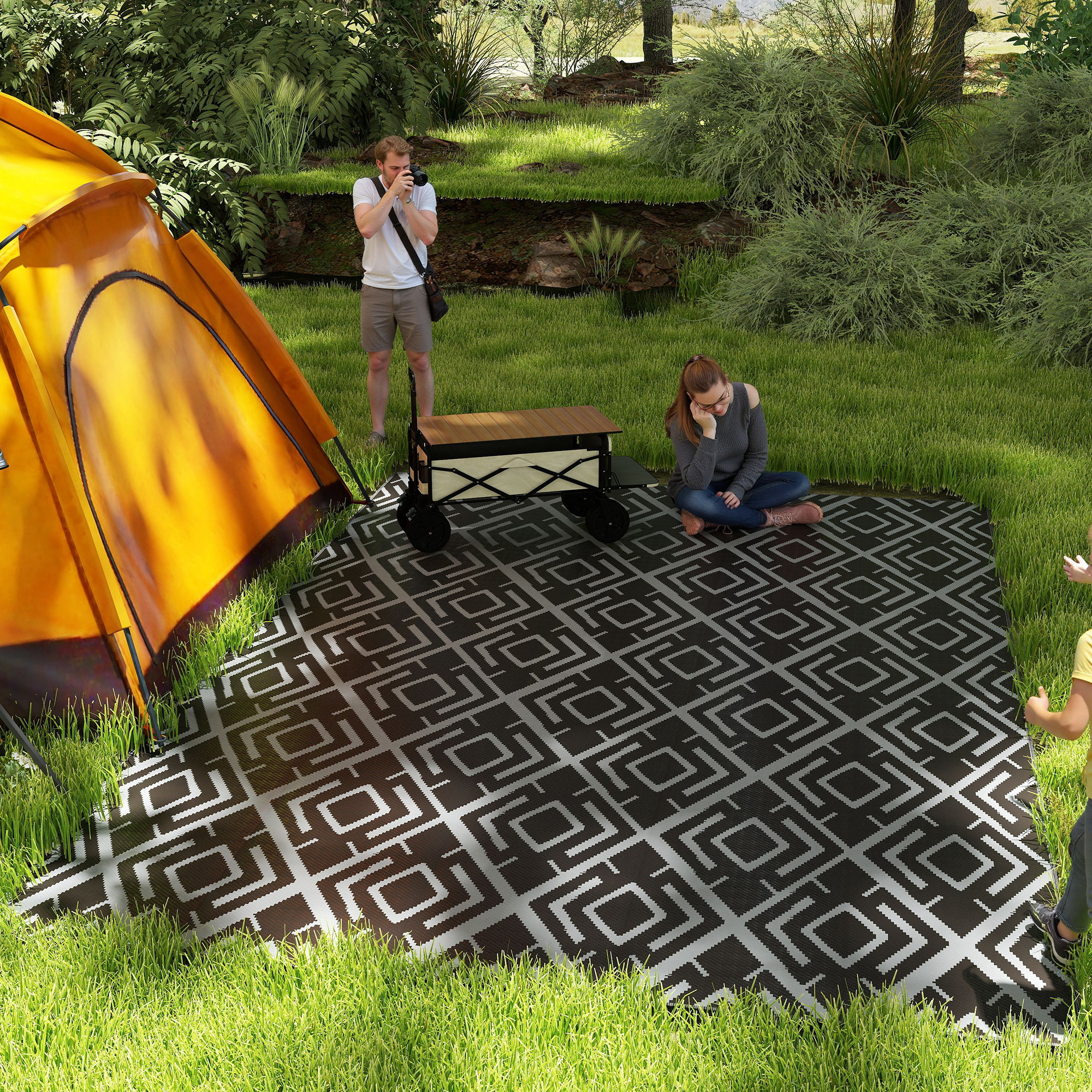 Outsunny Wendeteppich für den Außenbereich 1,8 x 2,7 m, aus wetterfestem PP-Material, inkl. Tragetasche, Schwarz und Grau