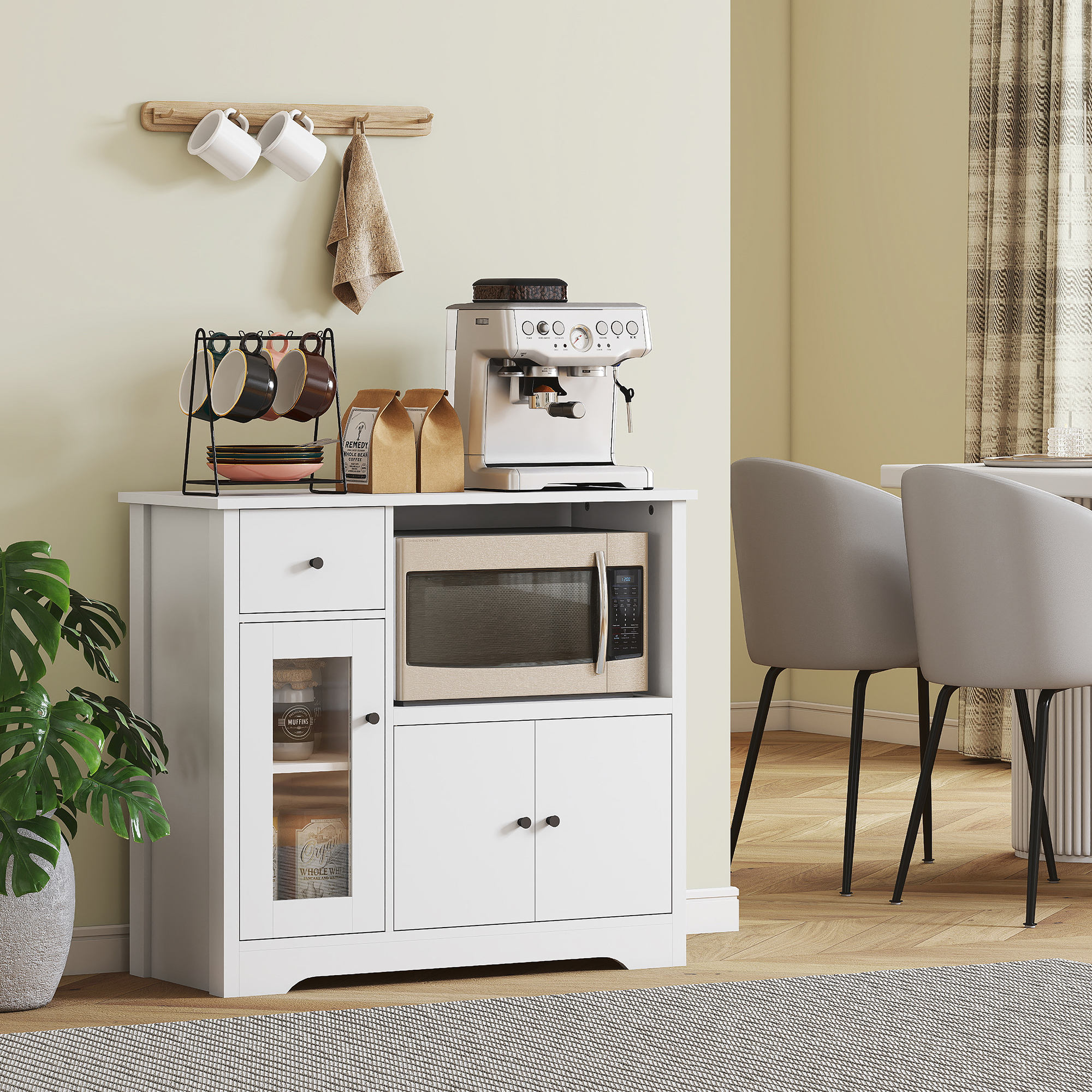 HOMCOM Küchenschrank mit Kabelloch, Kommode mit 2 Schränken, offenes Fach, Schublade, 80 x 35 x 72,2 cm, Spanplatte, Weiß