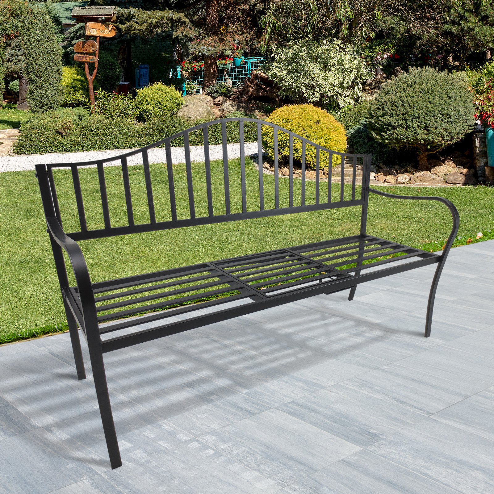 Outsunny® Gartenbank 2 Sitzer Sitzbank Parkbank Metallbank Bankauflage mit Armlehne mit Klappbeistelltisch Schwarz 150 x 53 x 95 cm