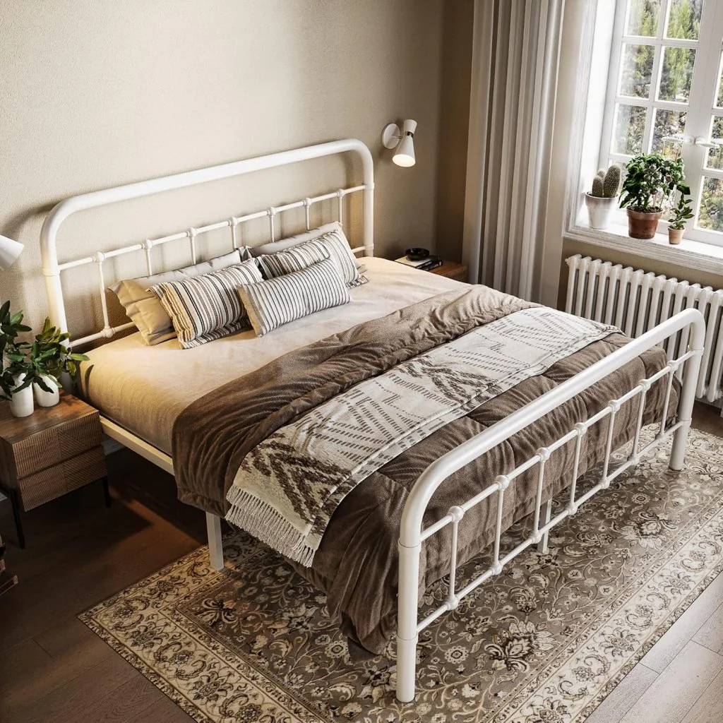 Allewie Queen Size Metal Platform Bed Frame with Victorian Style Wrought Iron-Art Headboard/Footboard, No Box Spring Required