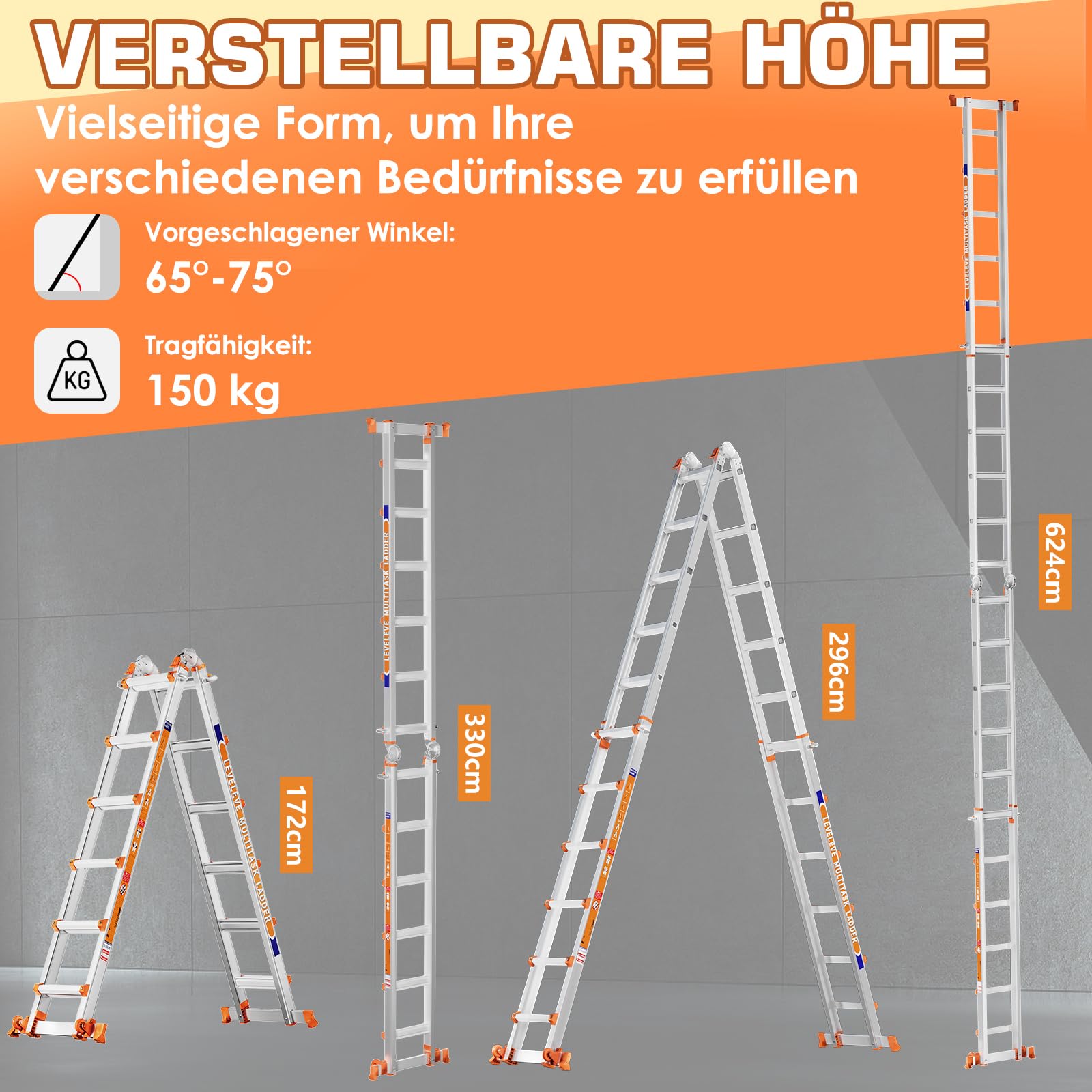 6-Stufen-Mehrzweckleiter aus Aluminium mit Ausziehfunktion bis 6,10 m, 150 kg Traglast sowie Stabilisator und Rädern