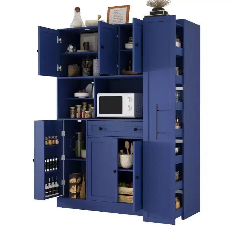 Kitchen Pantry Cabinet with Hutch and Pull-Out Side Cabinet