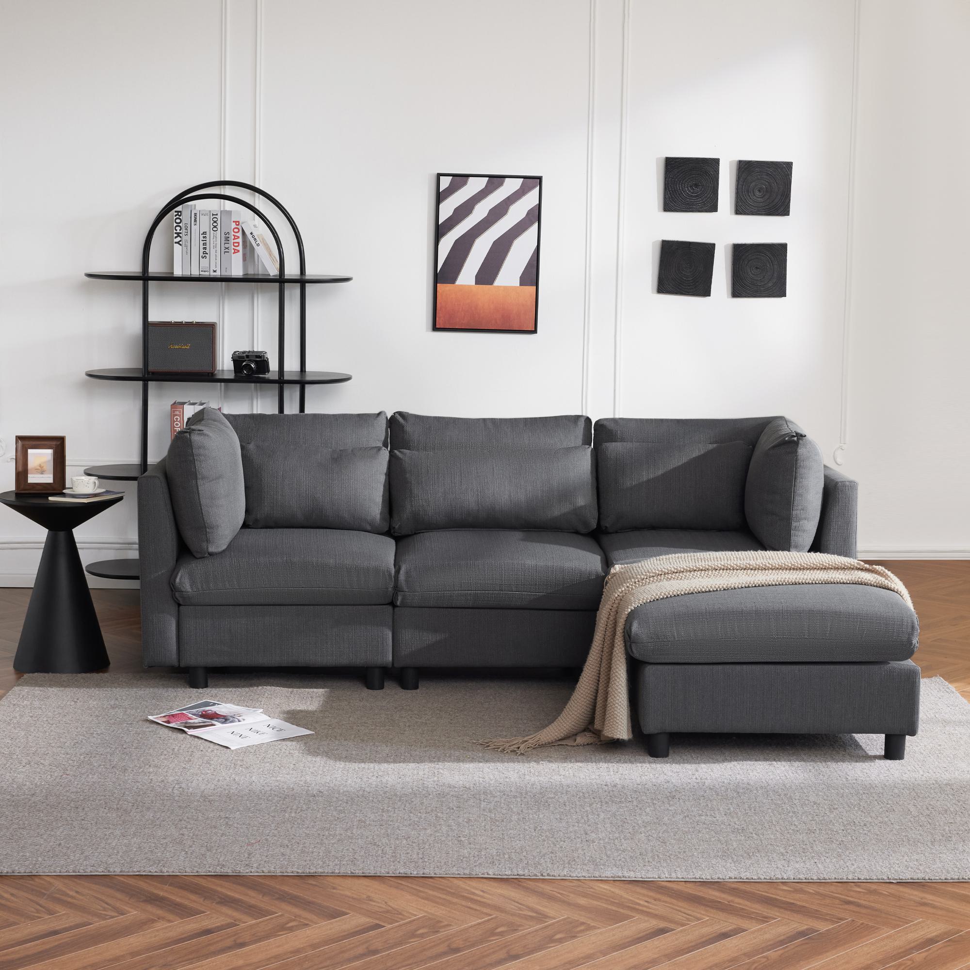 Modernes Ecksofa mit Fußstütze und verstellbare Lendenkissen, Bequemes Sofa für 3-4 Personen zum Entspannen im Wohnzimmer, für Familie, Grau