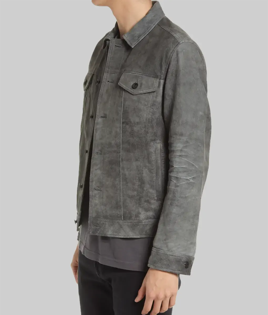 Elliott Distressed Gray Suede Trucker Jacket