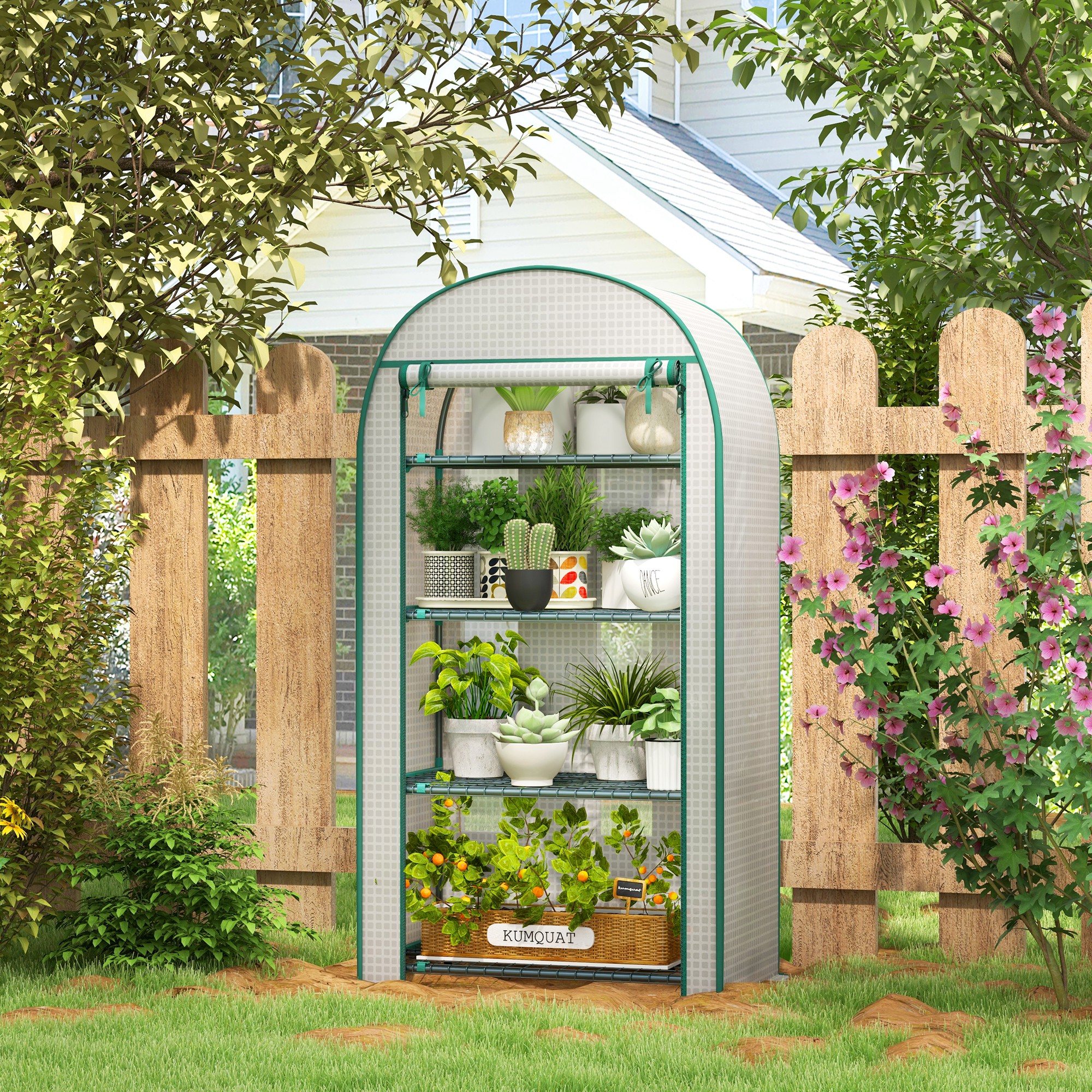 Outsunny Garten-Gewächshaus Balkongewächshaus UV-beständige rollbare Tür 4 Regale PE-Abdeckung 80 x 50 x 160 cm Weiß