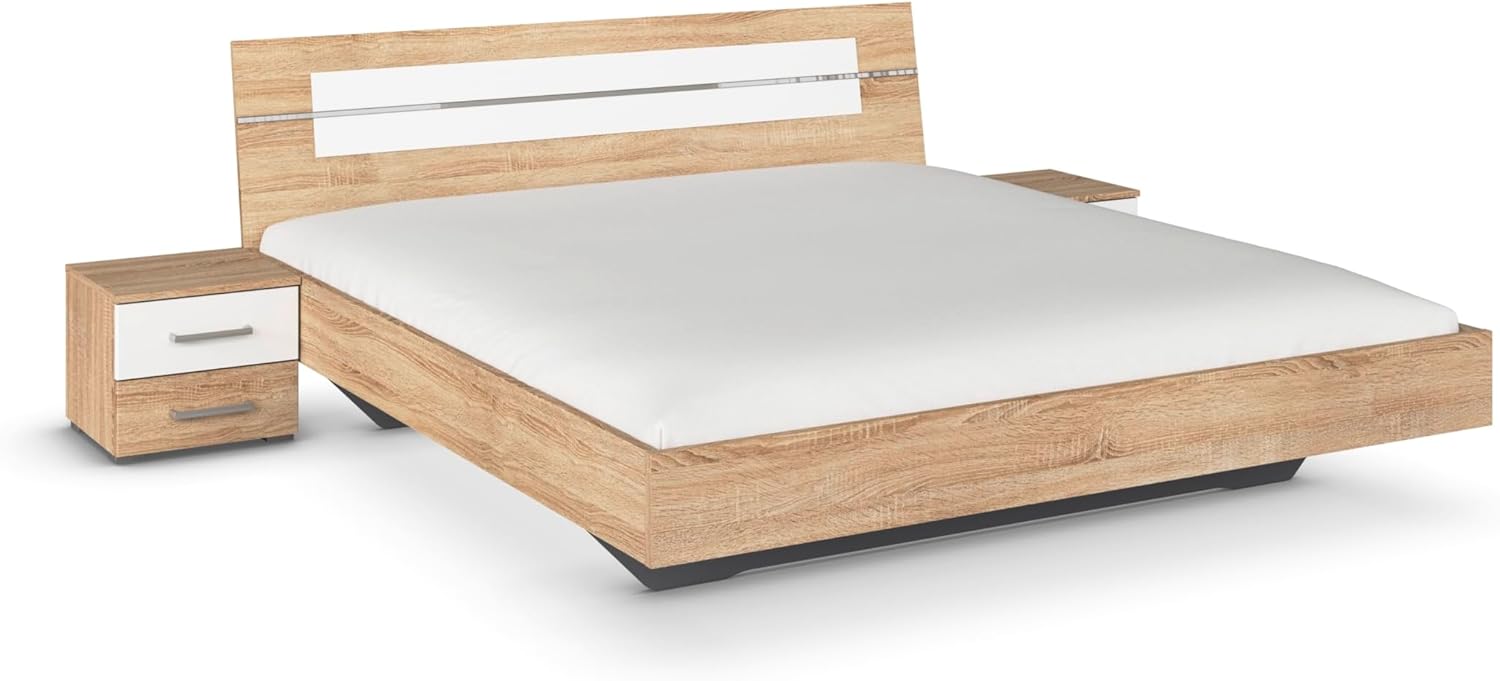 Rauch Möbel Burano Bedroom Sonoma Oak / White 181 x 212 x 58 cm with 2 Bedside Tables and Wardrobe with Swivel Doors