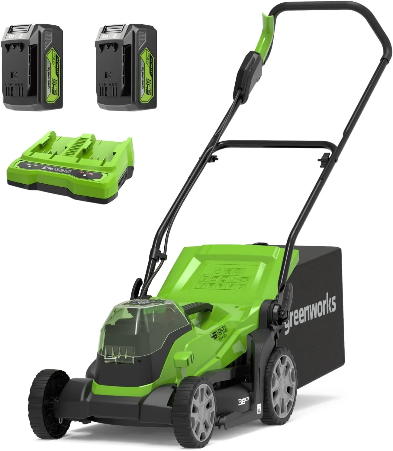Greenworks 48V (2x24V) Selbstfahrender Akku Rasenmher f��r groe Flchen bis zu 480m, 46cm Schnittbreite, 55L Sack PLUS zwei 4Ah-Akkus und Doppelladegert GD24X2LM46SPK4X
