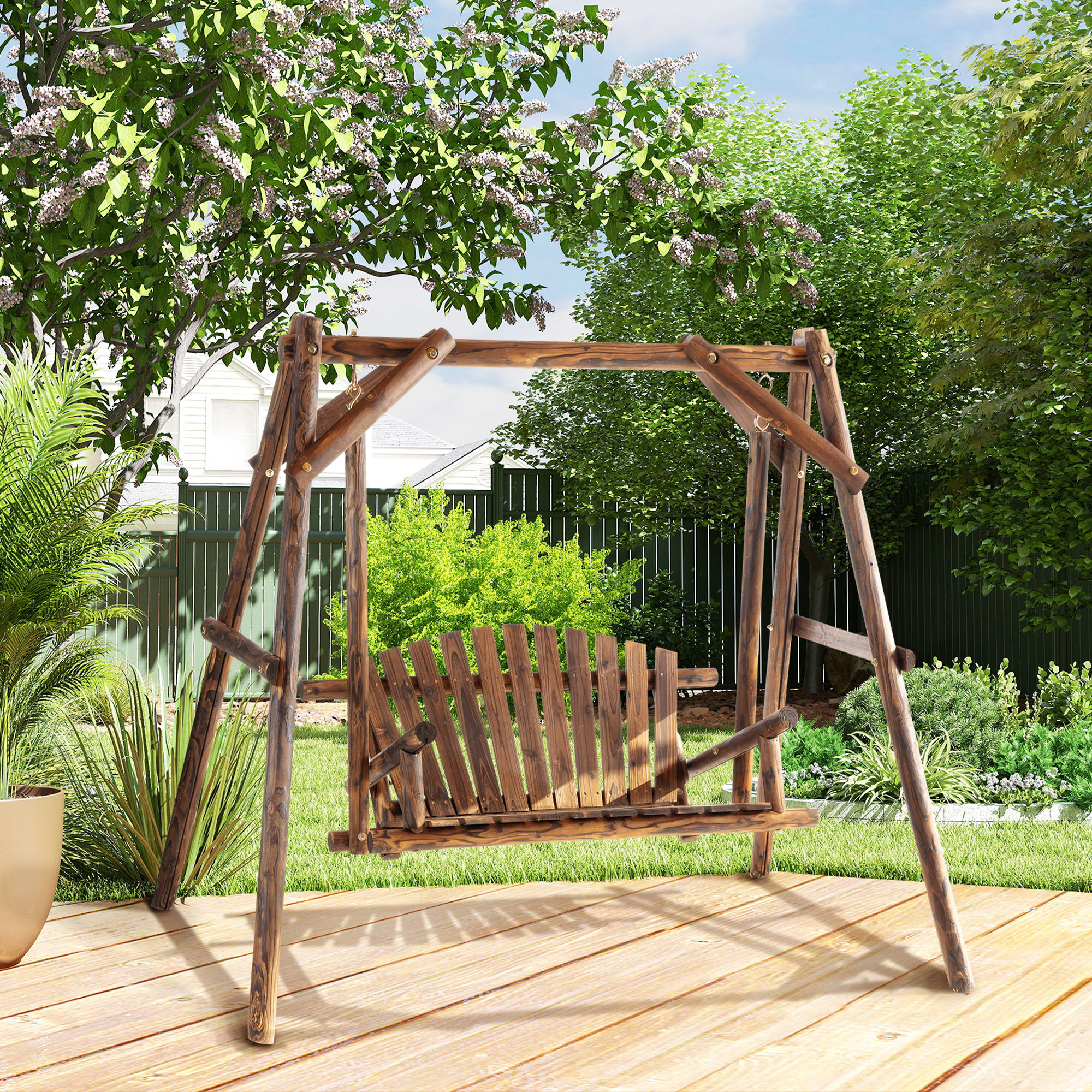 Outsunny Hollywoodschaukel Schaukelbank Outdoor-Schaukel Hängebank 2-Sitzer Holz-Gartenschaukel Massivholz Braun 187 x 137 x 167 cm