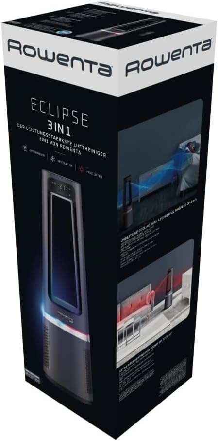 Rowenta QU5062 Eclipse 3in1 Luftreiniger, Heizlüfter, Ventilator, filtert 99,9% der Partikel, für 30 m2 Raumgröße, schnelle Heizung bis zu 35°C, automatischer Tag- und Nachtmodus, Schwarz/Grau