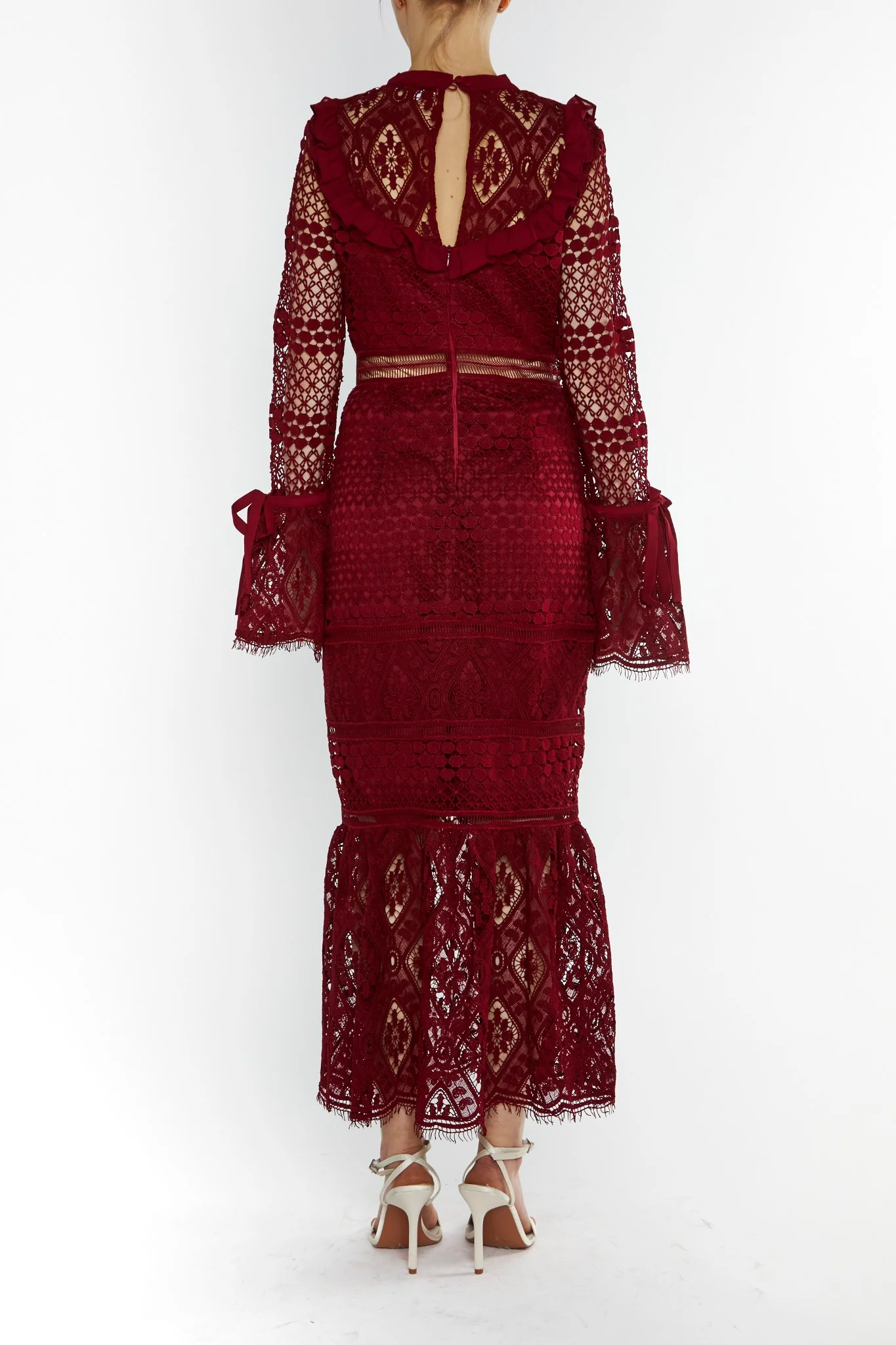 Jenna Burgundy Peplum-Sleeve Lace Midi Dress
