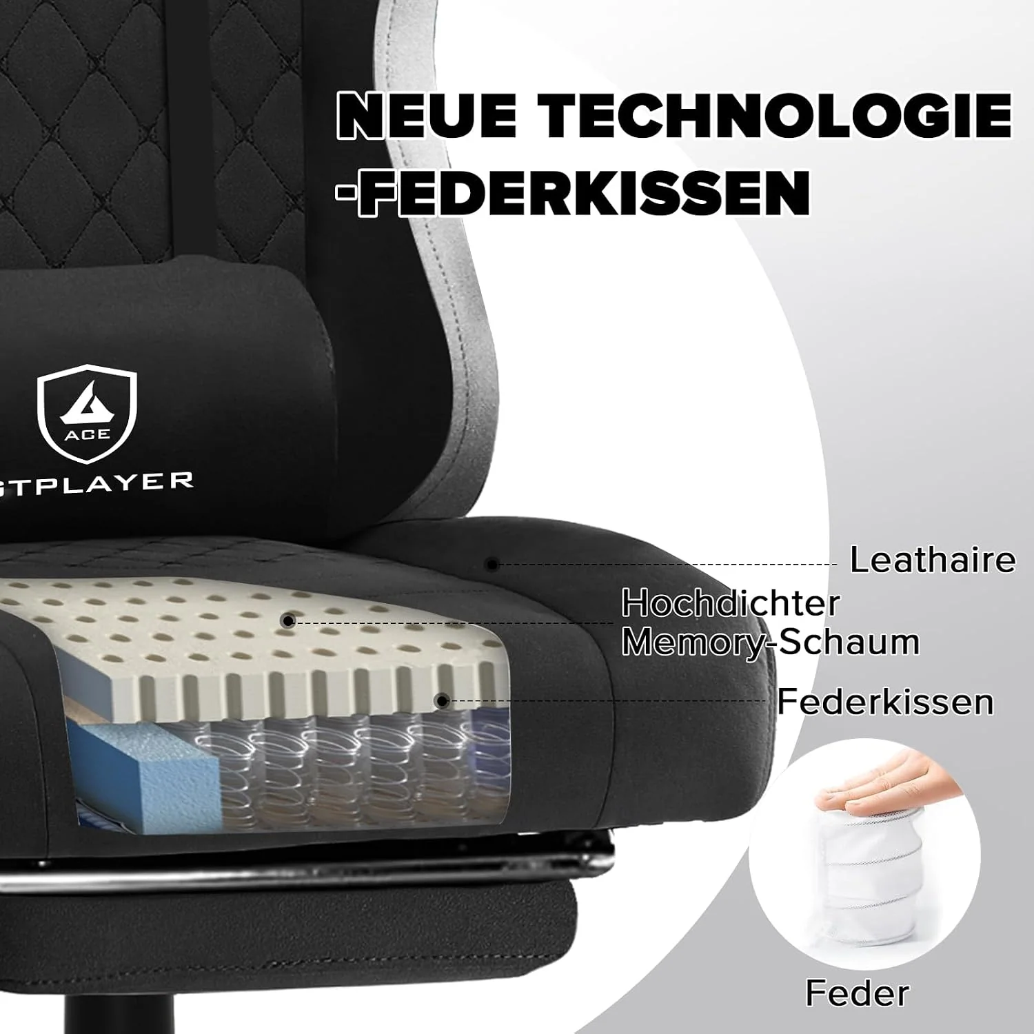 GTPLAYER Gamingstuhl mit Taschenfeder-Sitzkissen, Fußstütze und verstellbarer Rückenlehne
