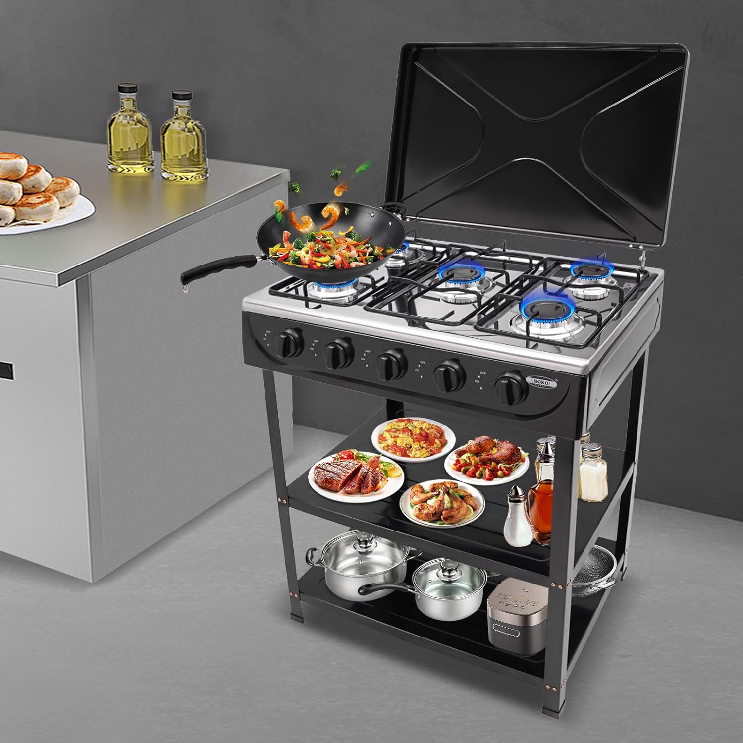 HarBin-Star Piano Cottura a Gas 5 Fuochi con Supporto Antiscivolo, Carrello per Barbecue con Coperchio, Fornello Indipendente da Campeggio, 61,5 x 42,5 x 82 cm (Nero)