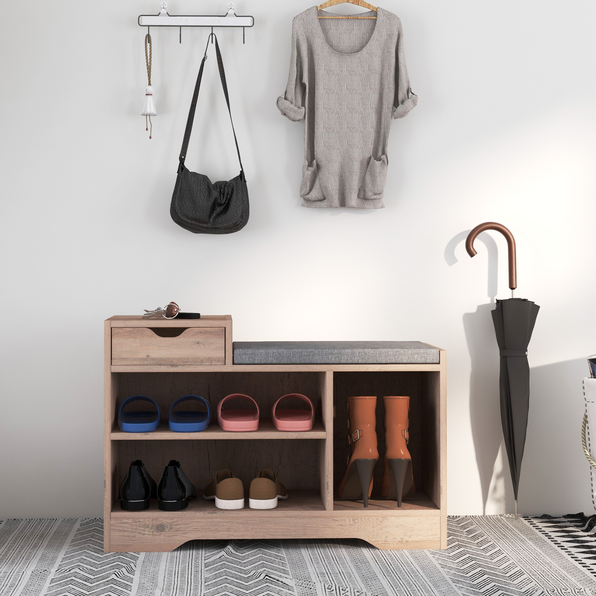HOMCOM Moderne Schuhschrankbank mit 3 offenen Regalen und Schubladen, aus Holz, Polyester und Schwamm, 76,5x30x52 cm, Grau