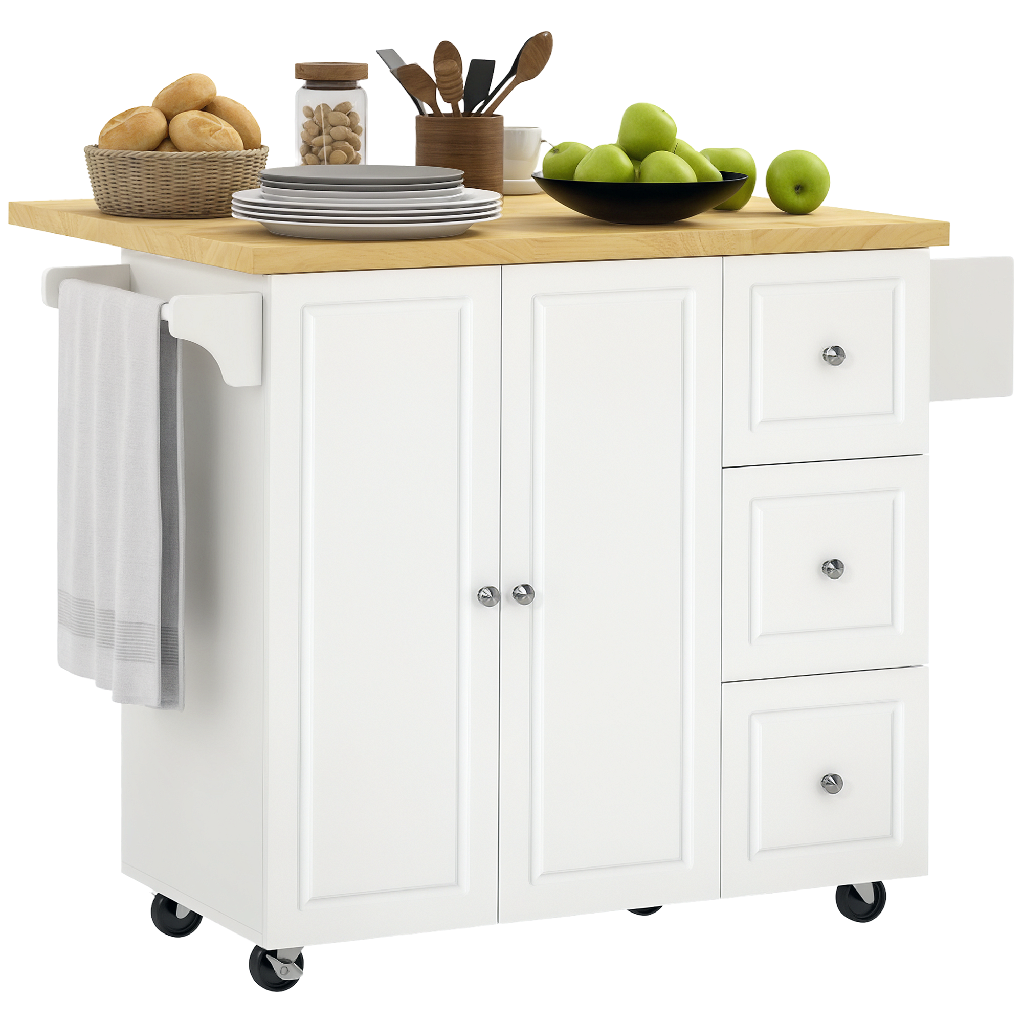HOMCOM Küchenwagen, Kücheninsel mit erweiterbarer Arbeitsplatte, Servierwagen, Küchenschrank mit Rollen, Schublade und verstellbares Regal, Gummiholz, MDF, Weiß+Natur, 111,5 x 45-75 x 89 cm
