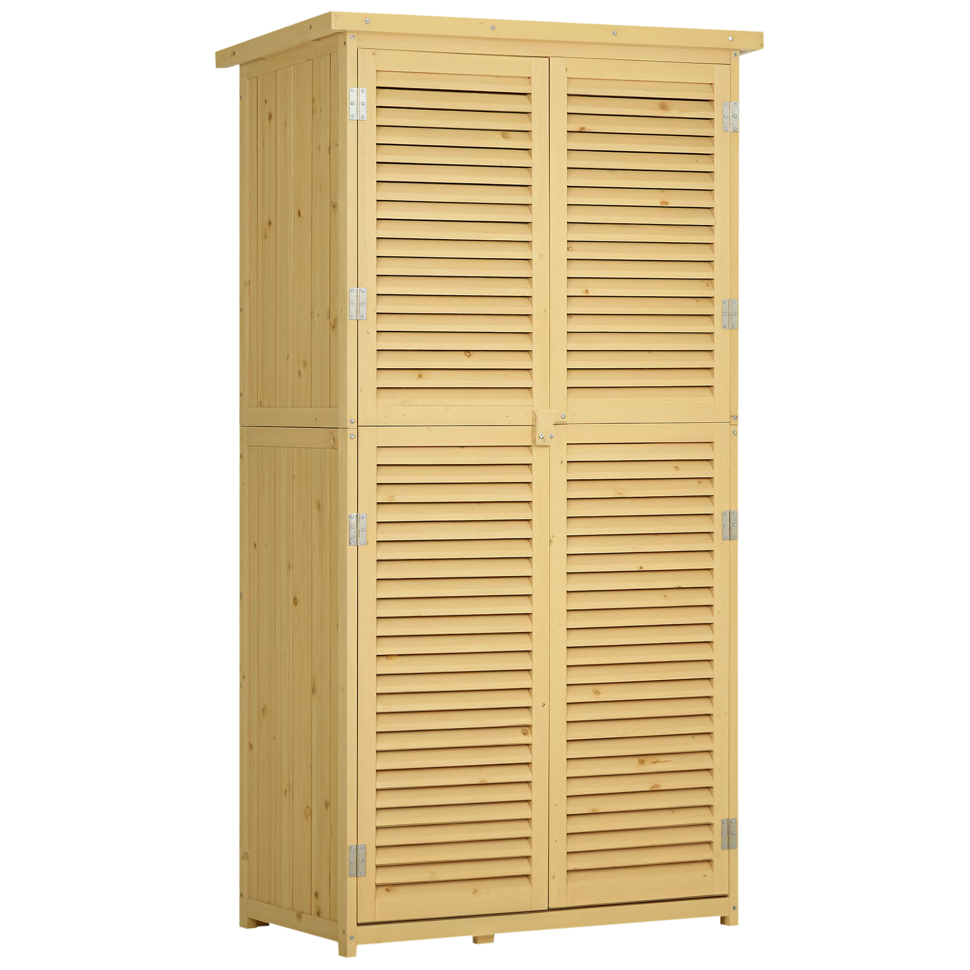 Outsunny Gartenschrank Holz Geräteschuppen Gerätehaus mit Asphaltdach Lamellentür Geräteschrank Schuppen Garten 4 Fächer Naturholz 87 x 46,5 x 160 cm