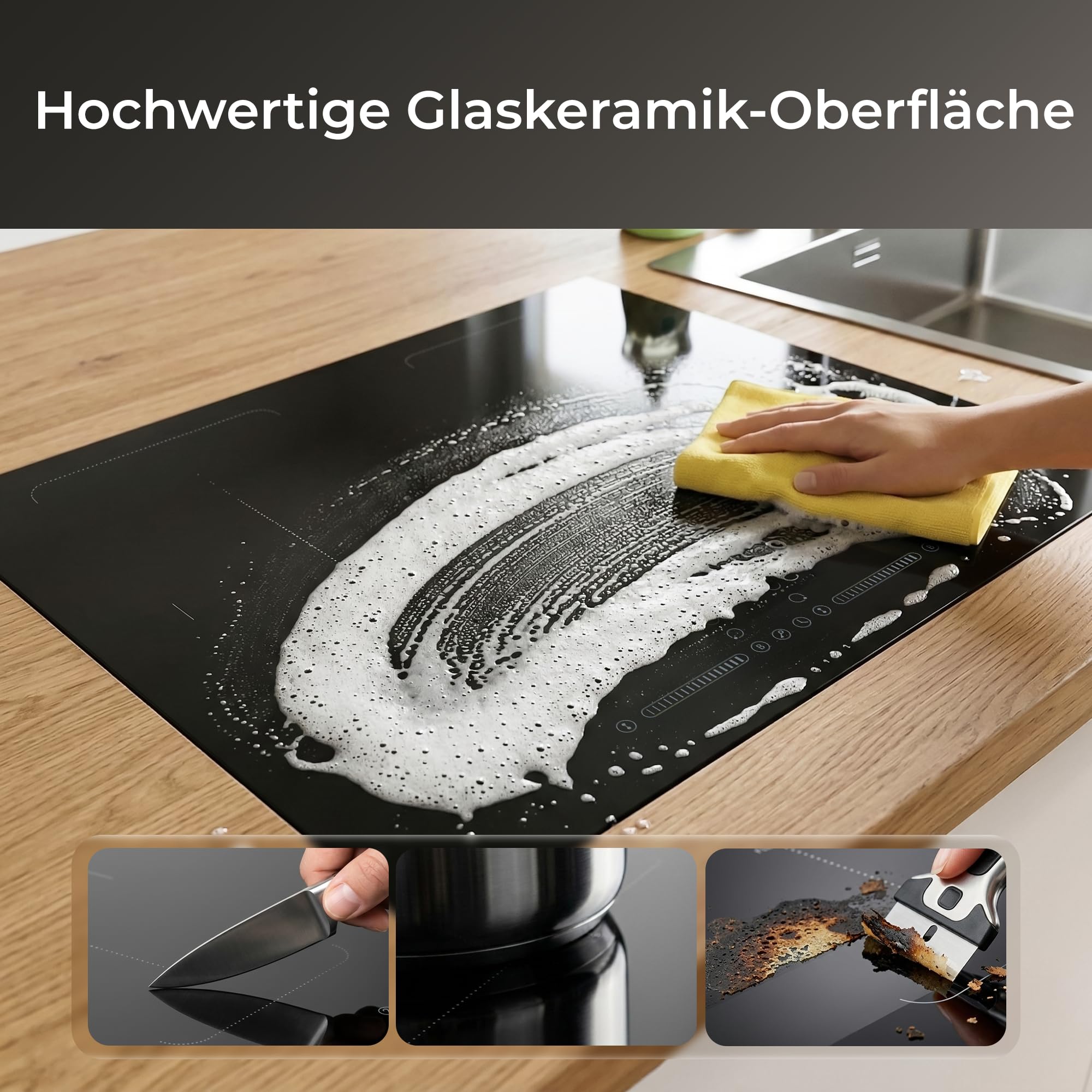 Induktionskochfeld 60 cm 4 Zonen 2 Flexzonen 7400 W Glaskeramik Boost-Funktion Timer Kindersicherung Abschaltautomatik