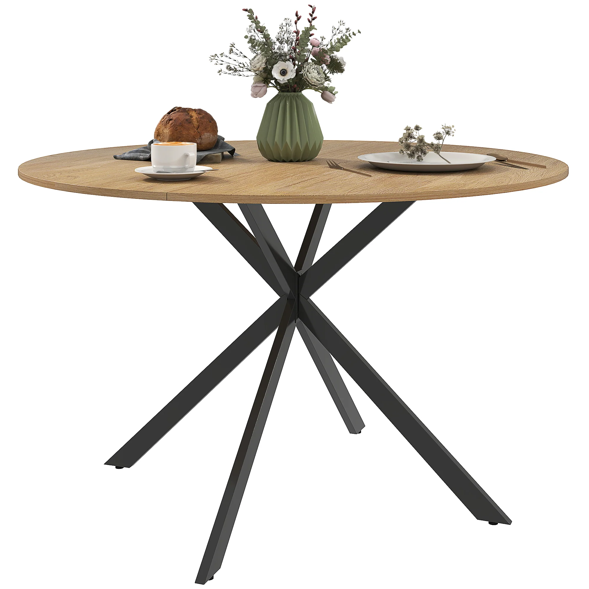 HOMCOM Ronde Eettafel voor 4 Personen, Keukentafel in Industriële Stijl met Stalen Poten, voor Eetkamer, Keuken, Eiken