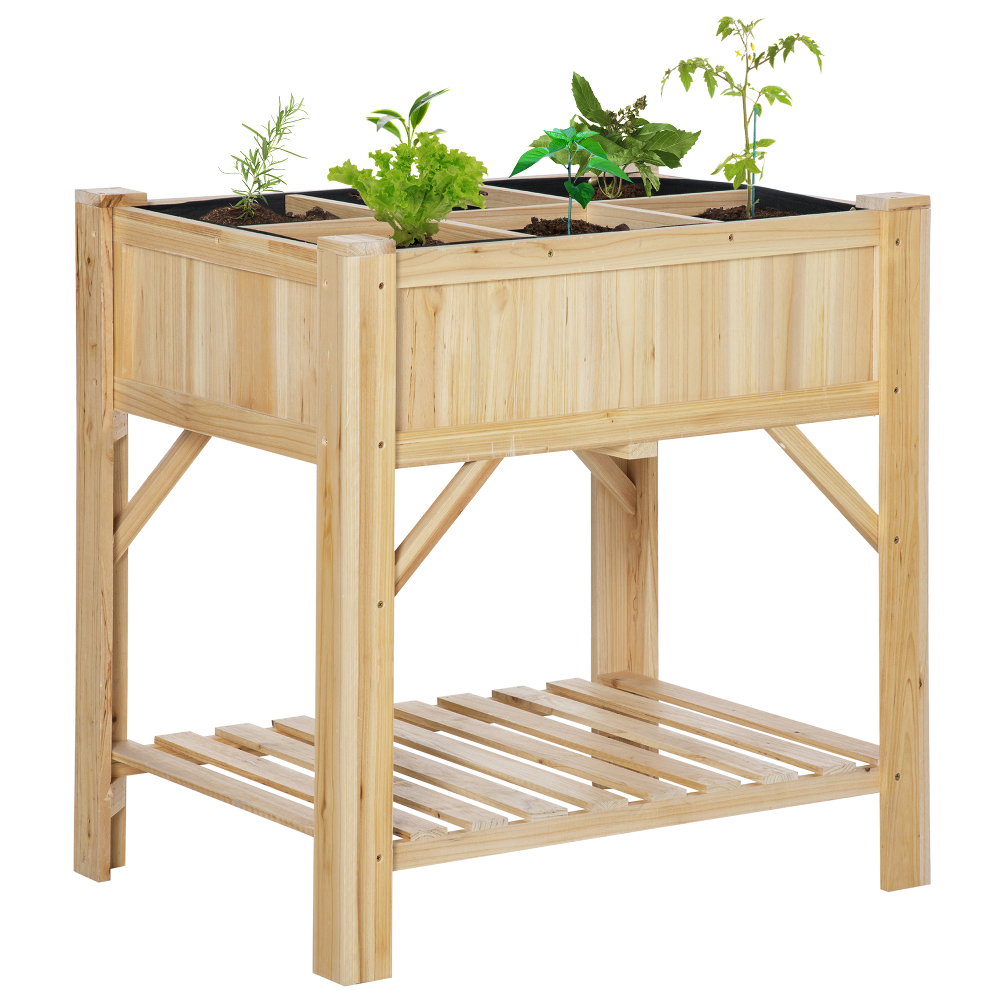 Outsunny Hochbeet Holz mit 6 getrennten Anbauflächen Pflanztisch Blumenkasten Vliesstoff Natur 78,5 x 58 x 81 cm