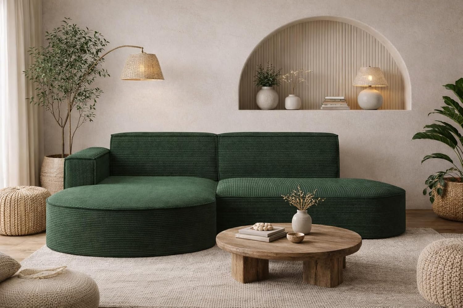 Kaiser Möbel - Ecksofa mit Wohnlandschaft, Eckcouch L-Form, Sofa 3-sitzer, Polstersofa, Bequemes Couch mit Ottomane für Wohnzimmer, Relaxsofa, Stilvolles Cord Sofa, Modena Studio, Dunkelgrün, Links