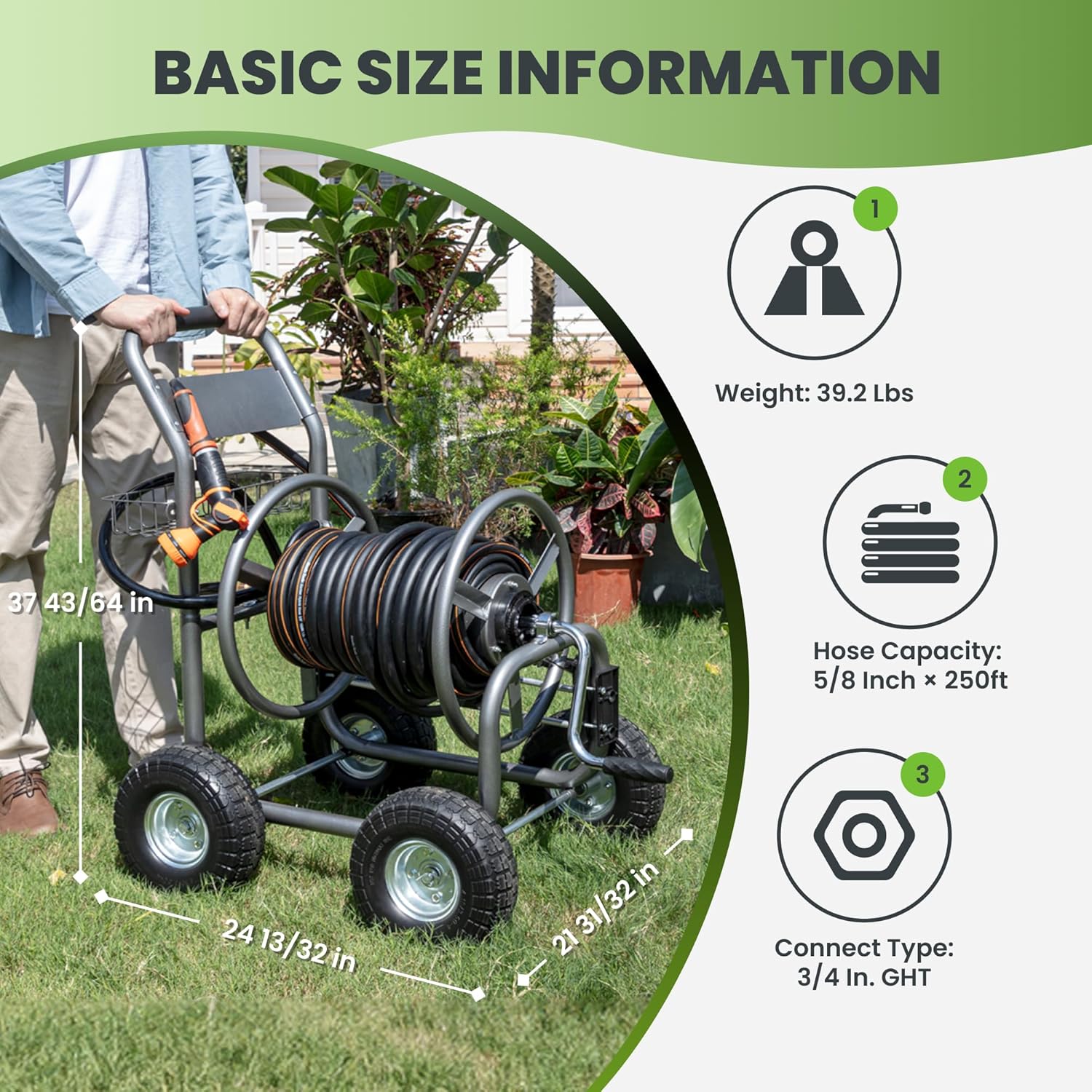 Giraffe Tools Heavy Duty Garden Hose Reel Cart with Wheels - Industrial Outdoor Hose Storage Reel  Pre-Installed Guide for 250-Feet of 5/8