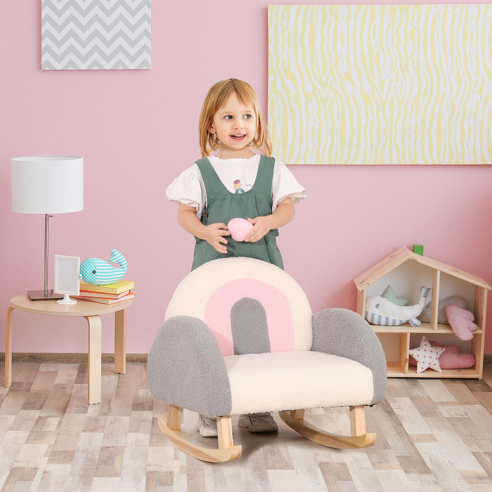 HOMCOM Schaukelstuhl für Kleinkinder, niedliches Design, Schaffell-Imitat, Eukalyptusholz, 50 x 45 x 44cm, grau+rosa+creme