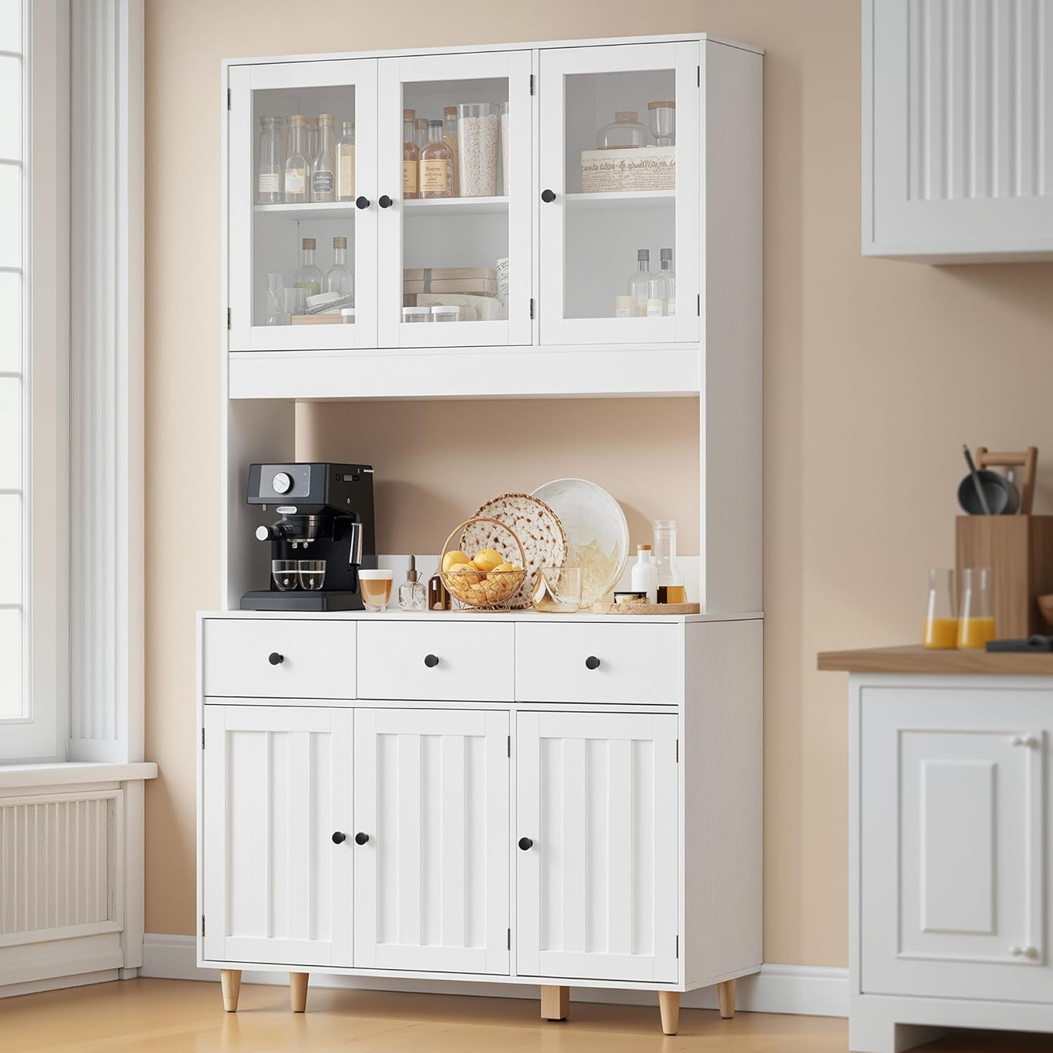 Armadio con piano di lavoro, armadietto a buffet con LED, credenza alta, Armadio per alimenti di grande capacità a 6 ante, 100x38x180cm